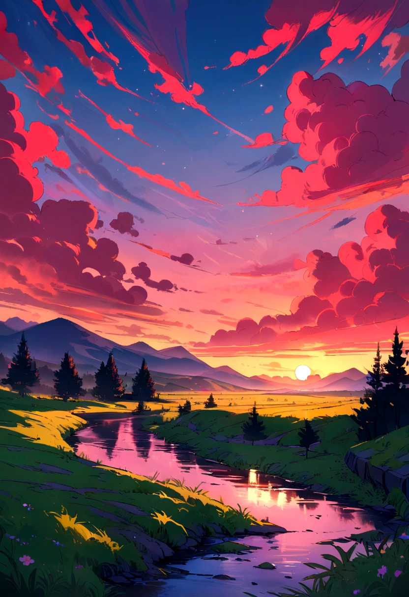 masterpiece, Best quality, nature, the forest, meadows, River, mountains, Scarlet sunset, Pink clouds, the moon is visible in the distance,