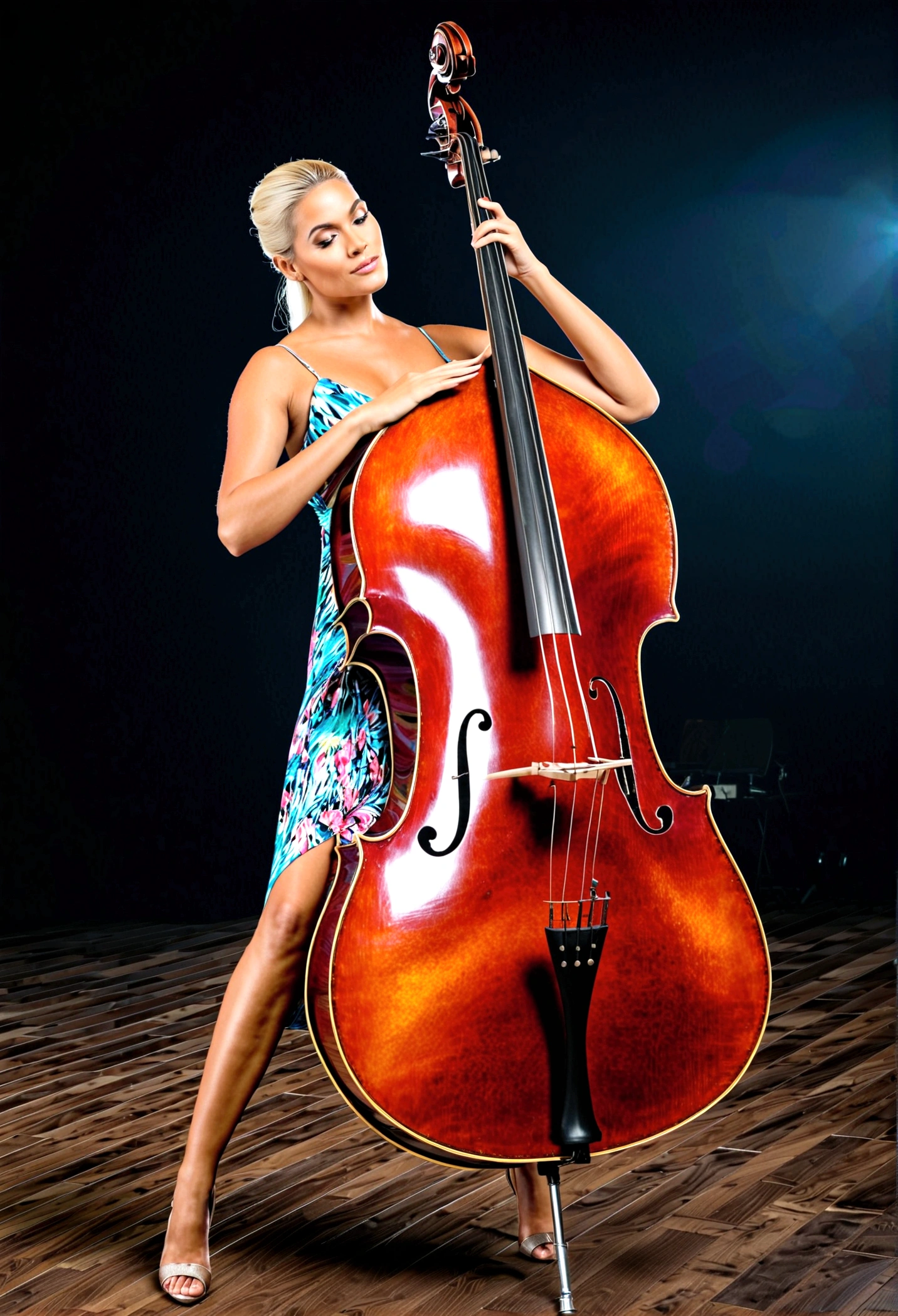 Create a full body image, whole double bass Create an image of a woman playing the double bass. .YouCam Enhance 3D, hyper photorealistic 300dpi 8K hiperdetallado , photorealistic, ultrarealistic, holographic, dynamic lighting, 32k, 18k, high quality digital graphics, HD, HDR, UHD