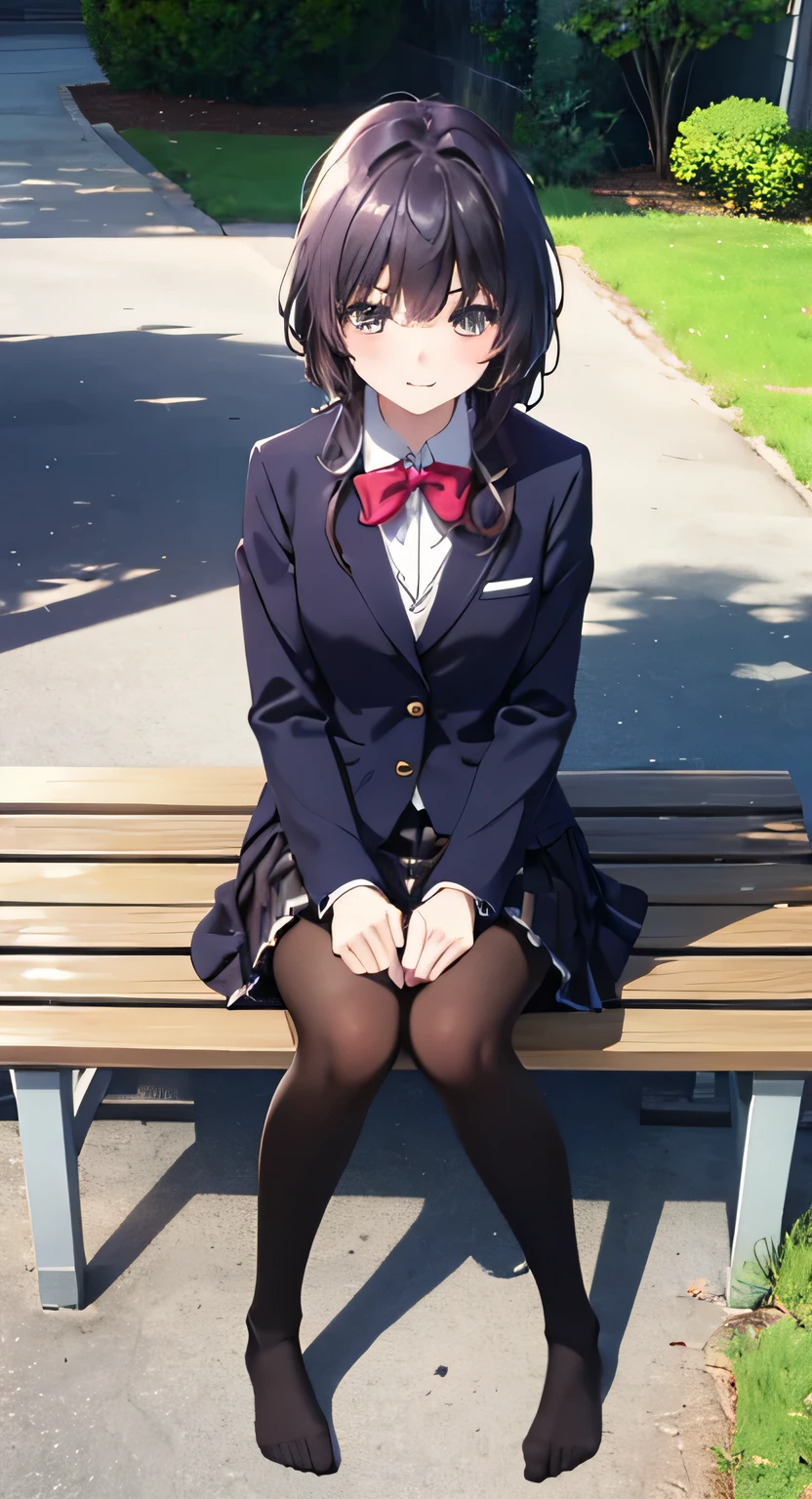 high quality, masterpiece, High resolution, (Head to Toe full body), front, frontComposition from slightly below, Symmetric, Tall 18 year old girl, alone, (Head to Toe), (Small breasts), Black Hair, bangs, (black tights), (Black Pantyhose), (Sit with your legs apart), (Crouching pose), ( (Sit on a bench with your legs spread), (M-shaped feet), Thin legs, Very beautiful tall 18 year old girl, (No shoes), smile、 Looking into the camera, blazer uniform, Checkered Pleated Skirt