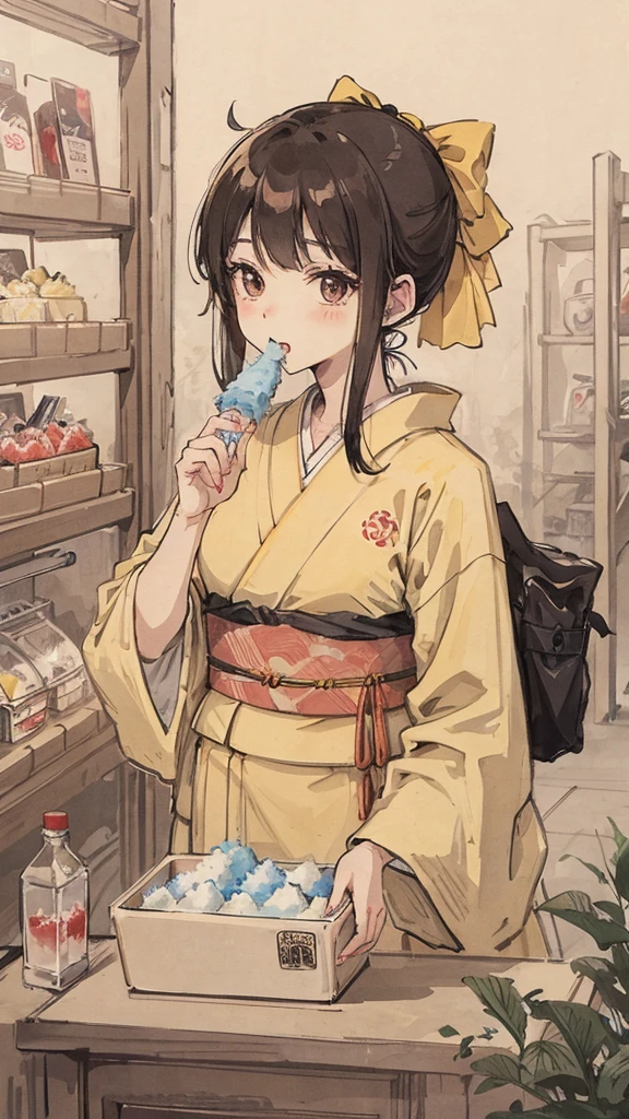 In the store、Eat shaved ice、Girl in yellow kimono