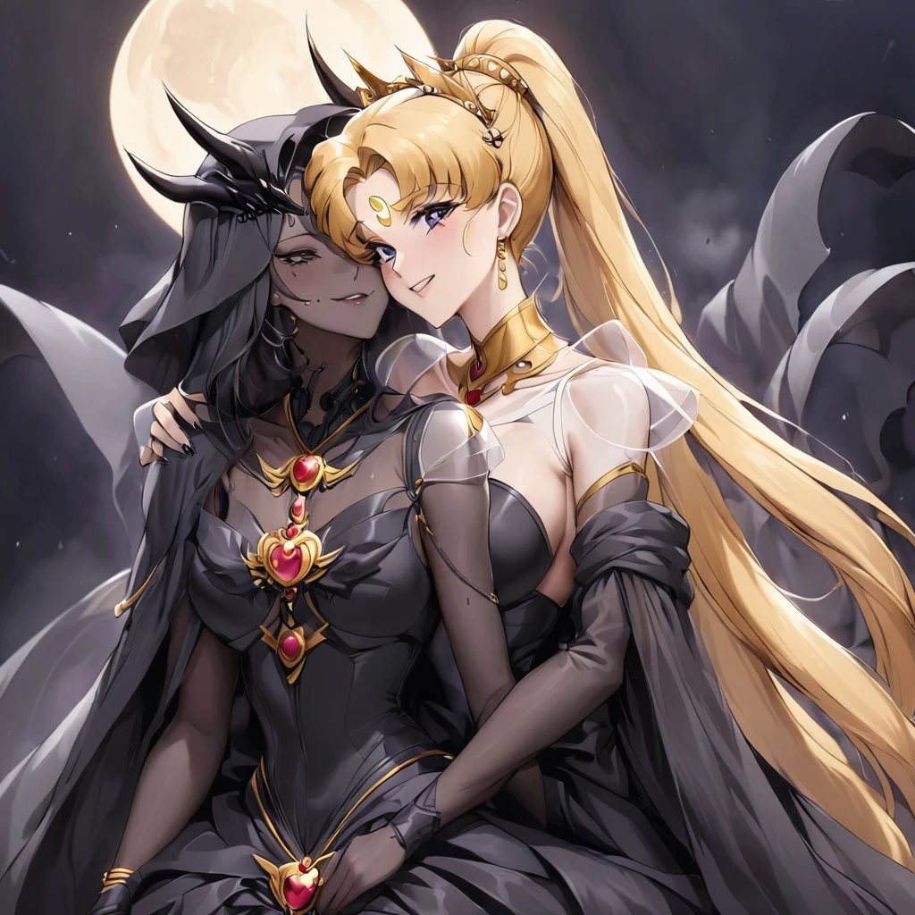 ((Highest quality)), ((masterpiece)), (detailed), (Perfect Face)、Black moon mark on forehead、The woman is Black Serenity, the noble dark queen of the Black Moon clan and has blonde hair.2The woman with long hair tied in a ponytail is Princess Serenity, and she is embracing the strong and evil demon king, kissing him and getting married.、The woman has a black inverted crescent moon mark on her forehead, a gorgeous and glittering black gothic Victorian dress, a black veil and a black see-through cape, and is wearing luxurious jeweled accessories. She is the Queen of Darkness, the jet-black Princess Serenity, looking at the camera with a happy expression, and has the expression of a maiden in love.