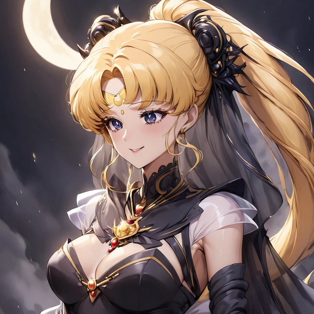 ((Highest quality)), ((masterpiece)), (detailed), （Perfect Face）、Black moon mark on forehead、The woman is Black Serenity, the noble dark queen of the Black Moon clan and has blonde hair.２The woman with long hair tied in a ponytail is Princess Serenity, and she is embracing the strong and evil demon king, kissing him and getting married.、The woman has a black inverted crescent moon mark on her forehead, a gorgeous and glittering black gothic Victorian dress, a black veil and a black see-through cape, and is wearing luxurious jeweled accessories. She is the Queen of Darkness, the jet-black Princess Serenity, looking at the camera with a happy expression, and has the expression of a maiden in love.