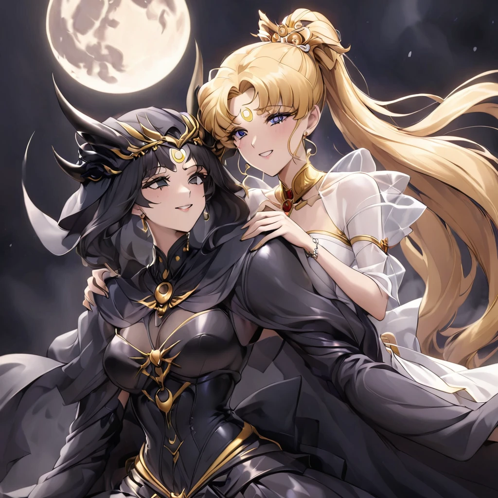 ((Highest quality)), ((masterpiece)), (detailed), （Perfect Face）、Black moon mark on forehead、The woman is Black Serenity, the noble dark queen of the Black Moon clan and has blonde hair.２The woman with long hair tied in a ponytail is Princess Serenity, and she is embracing the strong and evil demon king, kissing him and getting married.、The woman has a black inverted crescent moon mark on her forehead, a gorgeous and glittering black gothic Victorian dress, a black veil and a black see-through cape, and is wearing luxurious jeweled accessories. She is the Queen of Darkness, the jet-black Princess Serenity, looking at the camera with a happy expression, and has the expression of a maiden in love.