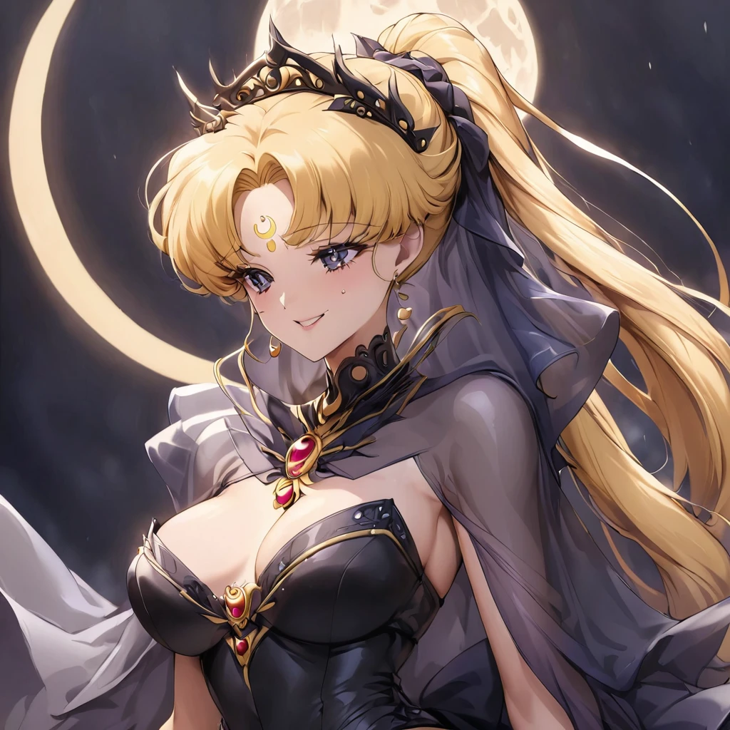 ((Highest quality)), ((masterpiece)), (detailed), （Perfect Face）、Black moon mark on forehead、The woman is Black Serenity, the noble dark queen of the Black Moon clan and has blonde hair.２The woman with long hair tied in a ponytail is Princess Serenity, and she is embracing the strong and evil demon king, kissing him and getting married.、The woman has a black inverted crescent moon mark on her forehead, a gorgeous and glittering black gothic Victorian dress, a black veil and a black see-through cape, and is wearing luxurious jeweled accessories. She is the Queen of Darkness, the jet-black Princess Serenity, looking at the camera with a happy expression, and has the expression of a maiden in love.