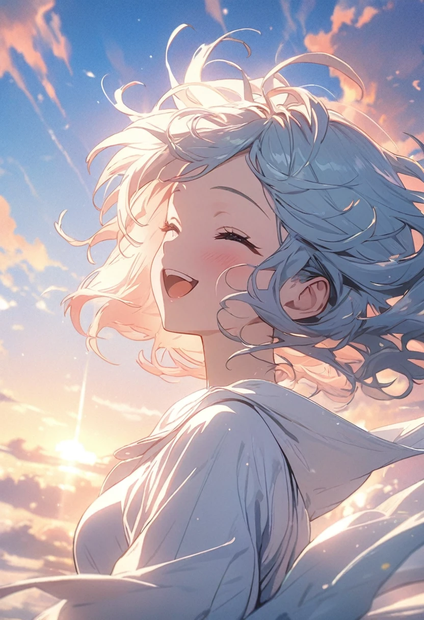 masterpiece, Highest quality, Movie stills, 1 Girl, Cloud Girl, Floating in the sky, close, bright, Happy, Warm and soft lighting, sunset, (spark:0.7)