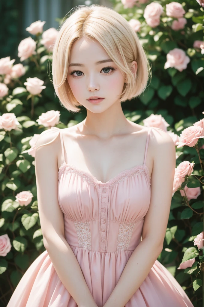 8K, CRU photo, Fujifilm, style photo of a beautiful young woman like Avril in a light pink rose garden (highly detailed skin: 1.2) Style-Petal BREAK short hair, blonde hair with colored highlights, wearing a dress, film grain, 35mm, cute style