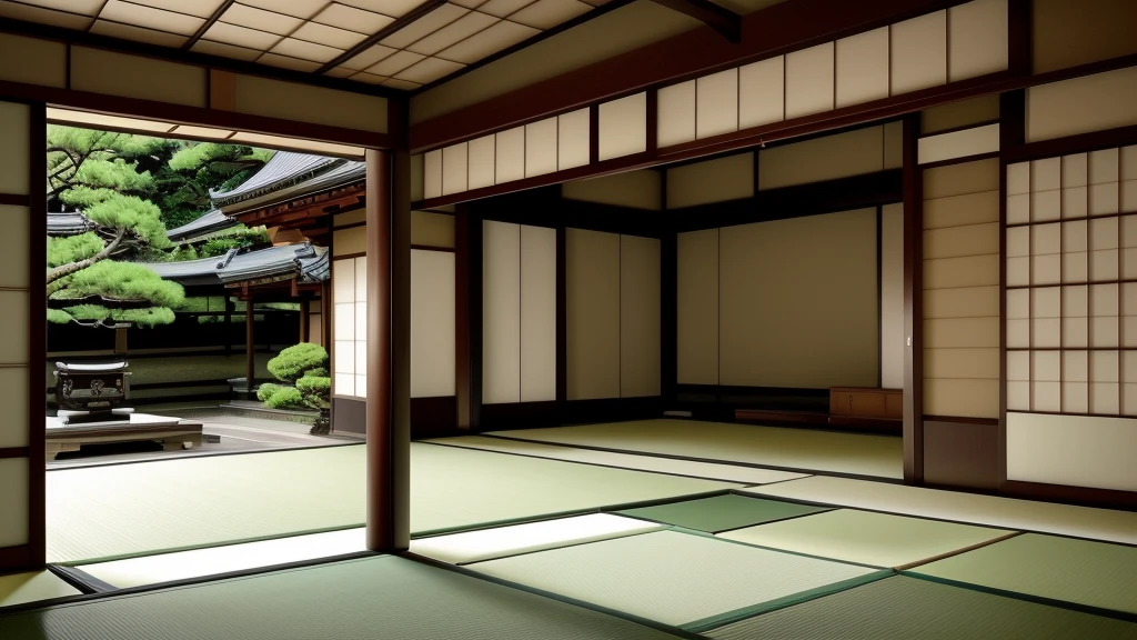 High quality photo of a beautiful Japanese traditional room background. Behind the Japanese room is a beautiful Japanese garden. (4K),(8K)