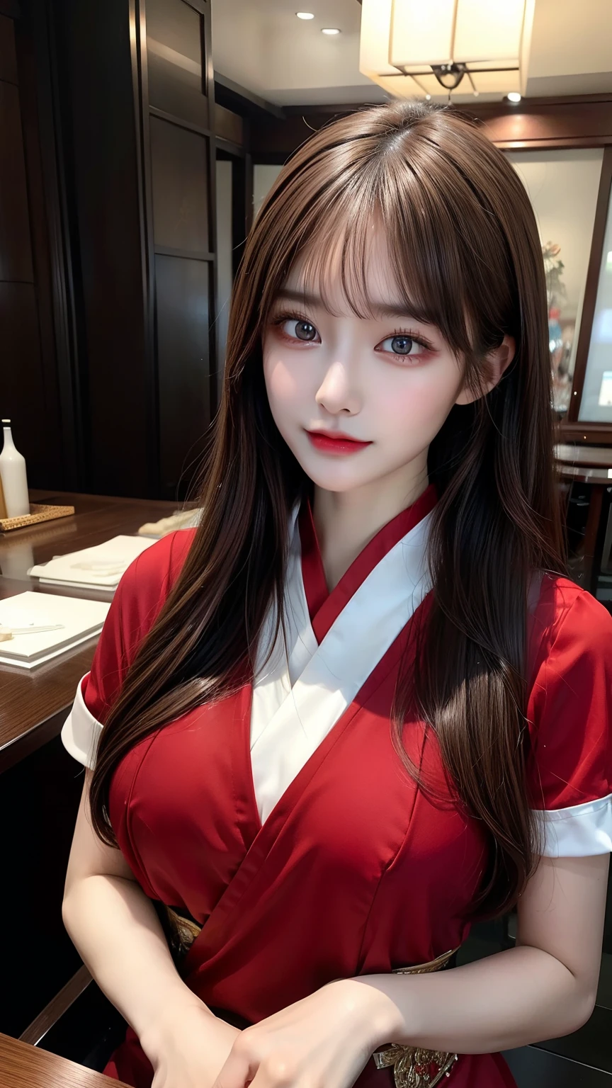 (top-quality,​masterpiece),(Japanese Models),(Very beautiful face,Left and right symmetrical eyes,A detailed eye),(Brown hair),(Colossal tits),Cinematic,sepia,Showa Retro,40 year old woman,Standing Letter,Holding a glass in your hand,Red cheongsam,a bar counter,sitting cross-legs,Tempting,