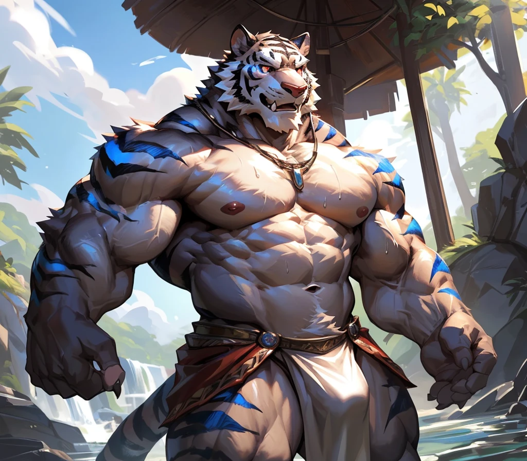 ((best quality)), ((masterpiece)), (ultra detailed), perfect face,(sharp eyes),sharp focus, (by null-ghost,by traver009,by lindong,by pino daeni), (male antro black tiger):2.0, ((blue stripes)), ((black fur)), ((white belly)), (delicated tiger fangs, tiger ears, tiger tail), (sharp eye),ultra-detailed eyes, (Beautiful and delicate eyes), ((red crimson):0.1 eyes), ((white sclera)), ((fluffy fur, fluffy, furry body)),((long white loincloth), with yellow pattern):0.8, muscular male , (wearing random pattern necklace), smile, (bulge), reflection, sexy body, middle-age, strong, looking at view, (((sfw:1.5))), (( abs, strong muscle, 8 pack)), shirtless, tougue out, claw, pink nipples, handsome,(Great physique),strong arms man, majestic, barbarous, handsome, by the waterfall, sweating:1.8