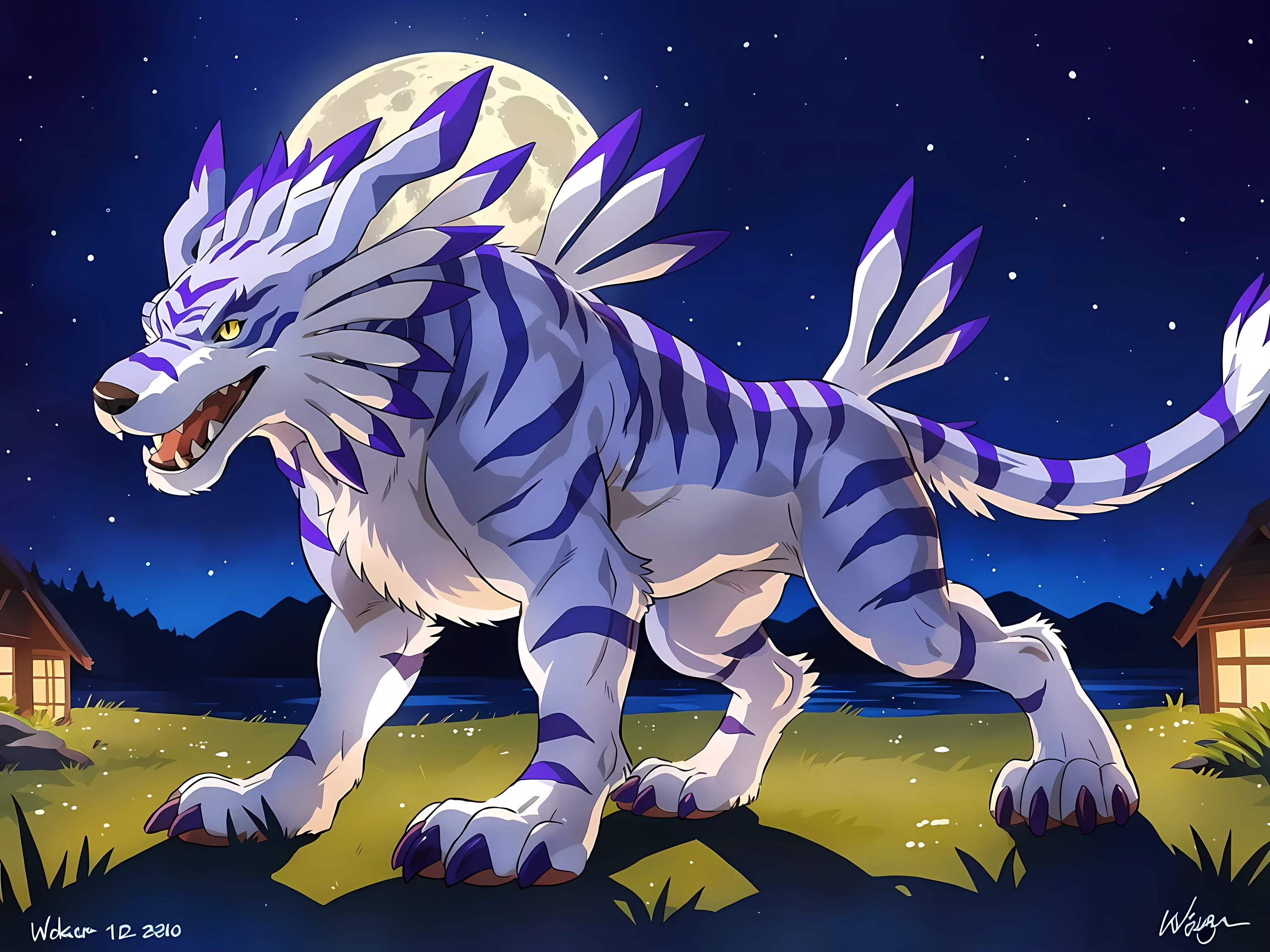 Garurumon, full body, feral:1.1, quadruped, standing, open mouth, fangs, high quality, yellow eyes, big eyes:1.1, detailed eyes, by wfa, by rossciaco, by seibear, by negger, purple claws, big paws, cel shaded, big paws, tail, night, cliffside, massive full moon:1.3, backlight, glow