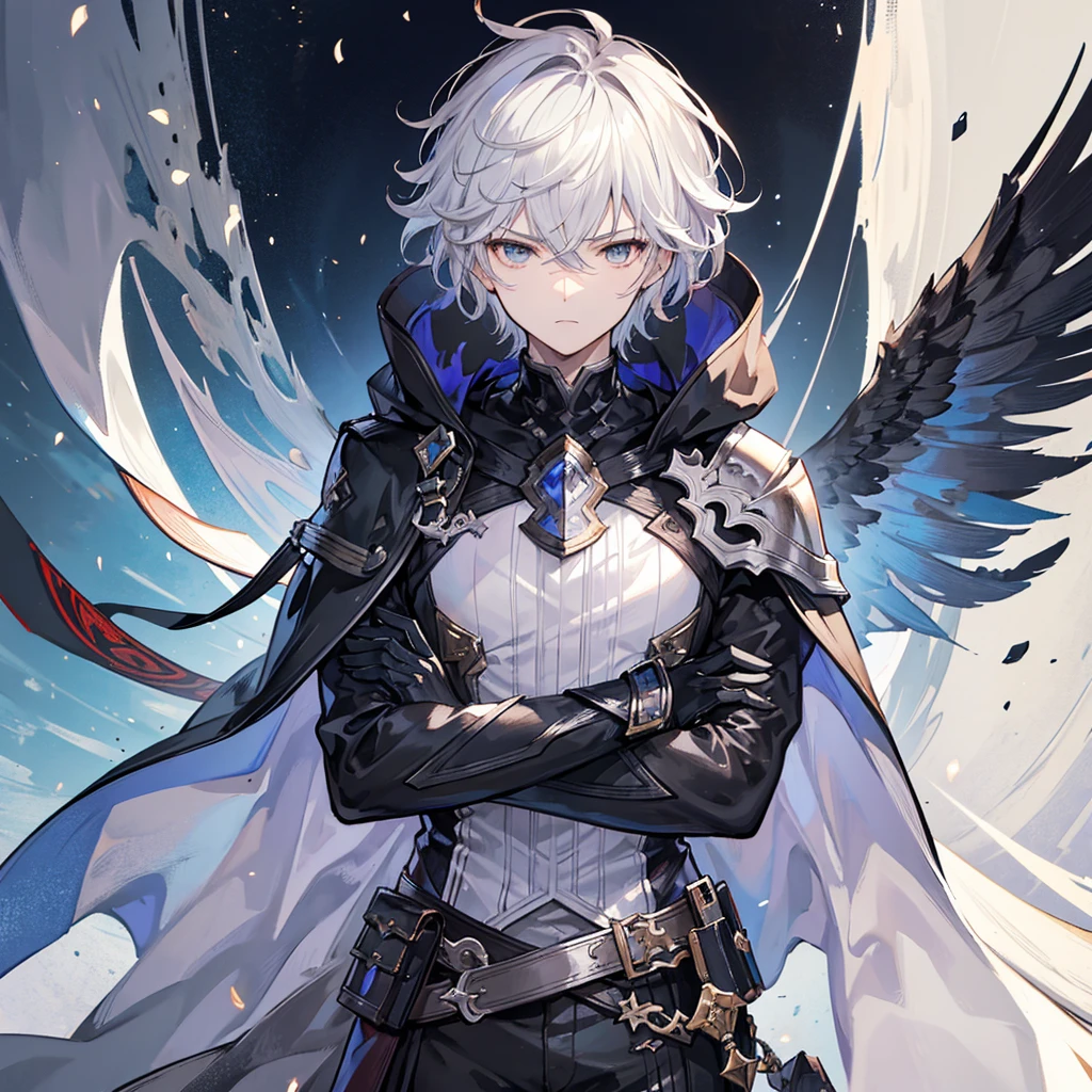 Handsome male, 17 years old, teenager, short white hair, dark eyes, black eyes, lucilius from granblue fantasy, close up, calm expression, stoic, grey military clothes, black cape, black gloves, crossed arms, upper body, looking at viewer, cowboy shot, black hallway background, Solo, the man's hair is very short under a messy cut