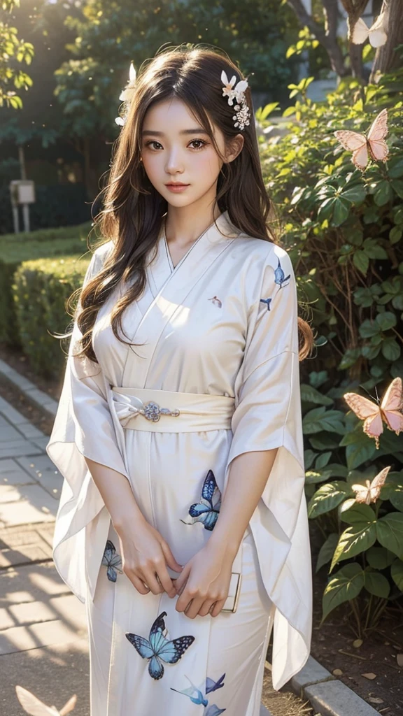 A girl in a white kimono with butterflies in her hair, beautiful girl, Cute waifu in a nice dress, beautiful portrait, Cute girl visuals, beautiful,Long Hair Girl, beautifulartwork, beautifulwoman, beautifulstyle, goddess, beautifulart, 4K, Gwaiz