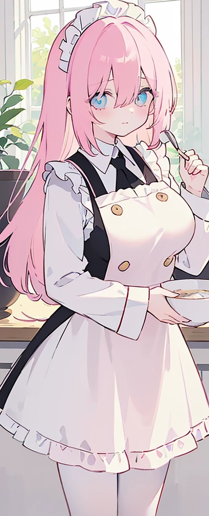 (((Long cyany Beautiful Hair))),cyan hair,kawai,(((Eyes visible from bangs,hair over eyes:1.3))),,Huge breasts,(pink color eyes),,(pink slanted eyes),1girl in,bangs,long CYAN hair, pantyhose,Cowboy Shot,white background,short hair,smiled,(wearing pink maid clothes), (maid dress type must have a perfect black vest), Bangs should be long to the tip of the chin(((, focusing on the bowl containing the dough and holding a spoon to stir it))), Kitchen room background, Perfect arm fingers,,, 1 girl, ((The image must match the tag)) Bangs almost cover the eyes full body (The character's entire body from top to bottom is completely visible)