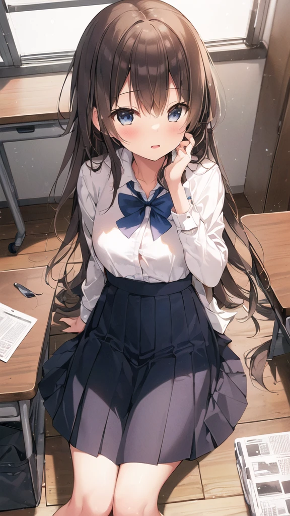 (Best Quality,high resolution:1.2),ultra detailed,realist:1.37, pretty young girl sitting at her school desk, She wears a with a long skirt and a short shirt, It's very hot and he's holding a bottle of water in his hand., and in the other hand a pencil ready to do his homework. Your hair must be black and must be long