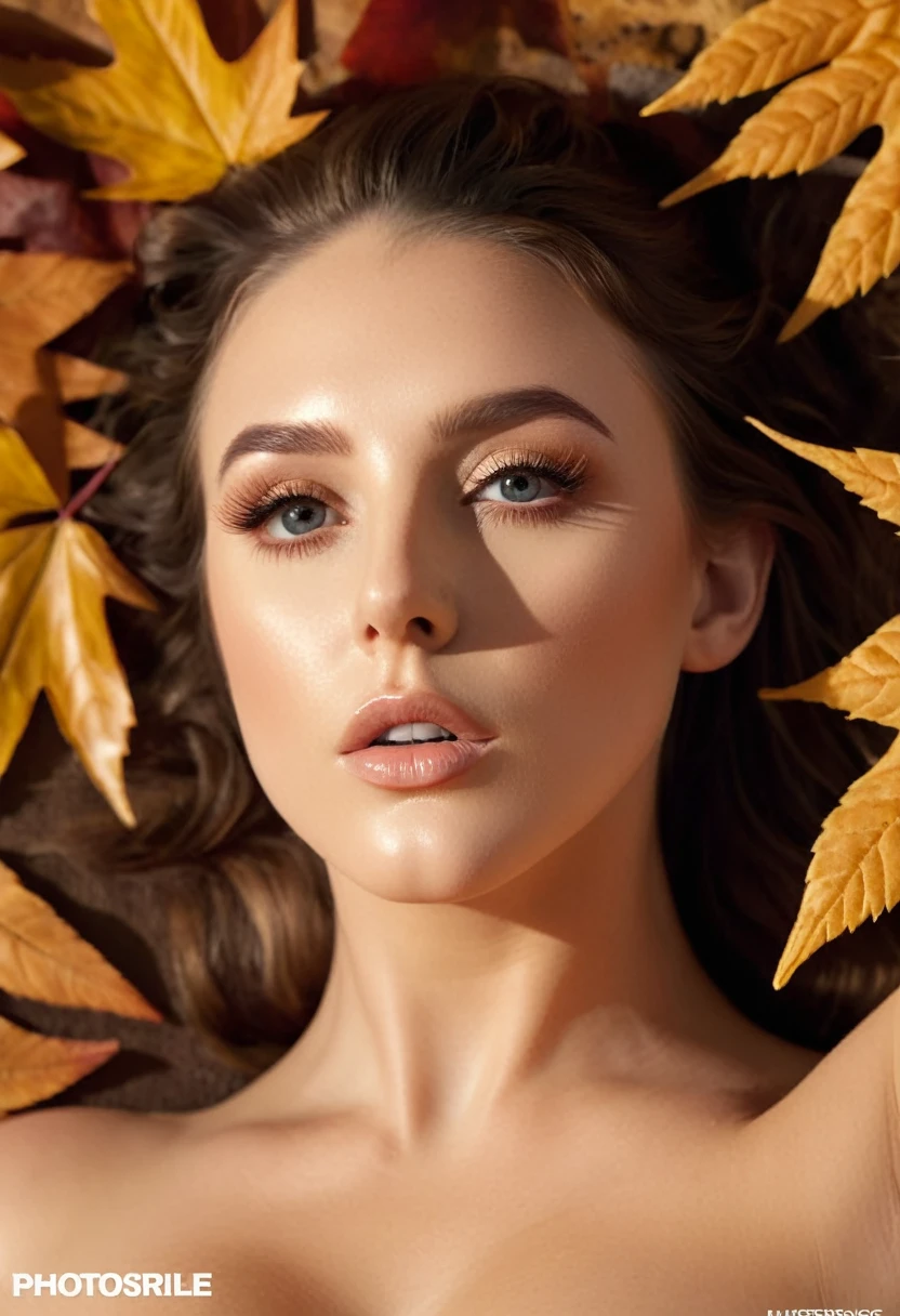 beautiful naked woman, detailed face, beautiful eyes, long eyelashes, detailed lips, detailed skin, detailed body, elegant pose, detailed hands and fingers, detailed feet, (best quality,4k,8k,highres,masterpiece:1.2),ultra-detailed,(realistic,photorealistic,photo-realistic:1.37),natural lighting,warm color tone,cinematic lighting,dramatic shadows,detailed fall leaves,detailed autumn landscape,detailed forest background
