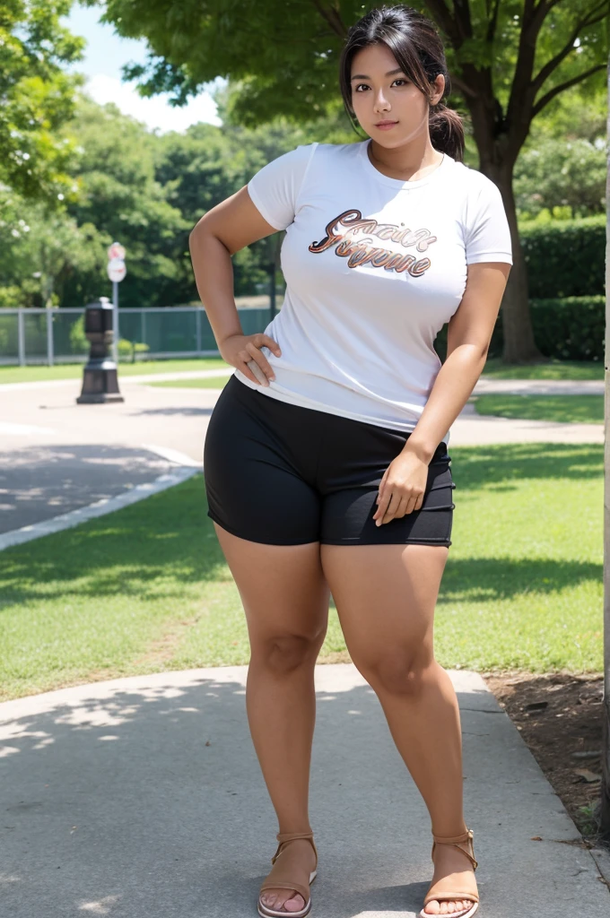 ,(tanned skin:1.3), japanese female,mascular thighs,sport jersey short pants,white t-shirt,curvy,legs focus,standing at park,sandals,natural black hair,