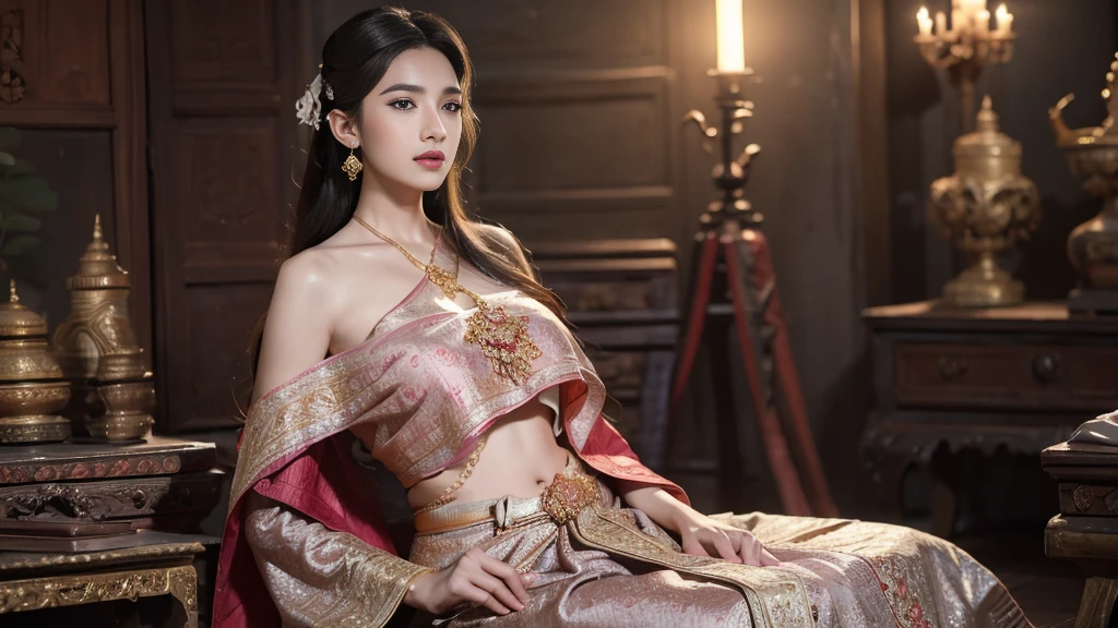 (raw photos:1.2), (realistic:1.4), (Masterpiece:1.3), (best quality:1.4), Ultra high resolution, (Detailed eyes), (Detailed facial features), (Detailed clothing features), HDR, 8k resolution, Focus only, Dressing according to Thai tradition, Traditional shawl , 1 woman , big breasts, A gigantic rift, big breastsดันเสื้อผ้า, big breast, The breasts will fully grow..., Make your breasts bigger.., small waist, Long legs, Facing the audience, full body, depth of field, Cinema-grade lighting system, big breasts, Too big for your body, Revealing a flat stomach, The lower half of the chest can be seen..., Sexy sitting posture, Pictures from eye-catching angles, Correct picture elements, The picture is complete.,