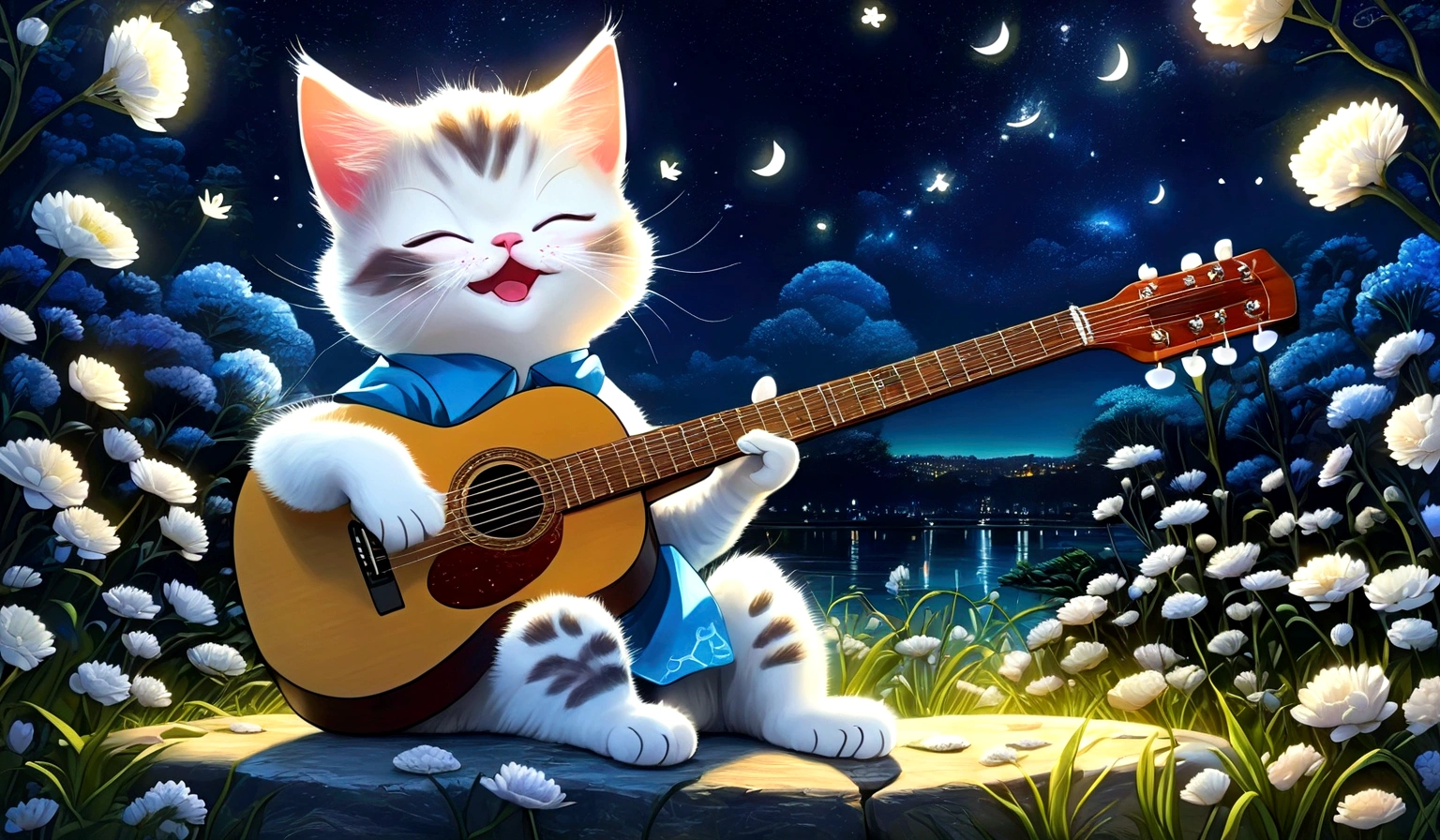 Anime Cat ,play the guitar,Are crying,In the beautiful nature at night,Cat-focused movies, Dynamic pose, Dynamic Background, Dynamic configuration, Dynamic Lighting, Realistic proportions, High resolution, Ray Tracing, Very detailed, Super detailed, Intricate details, Very detailed雰囲気, Very detailedテクスチャ.