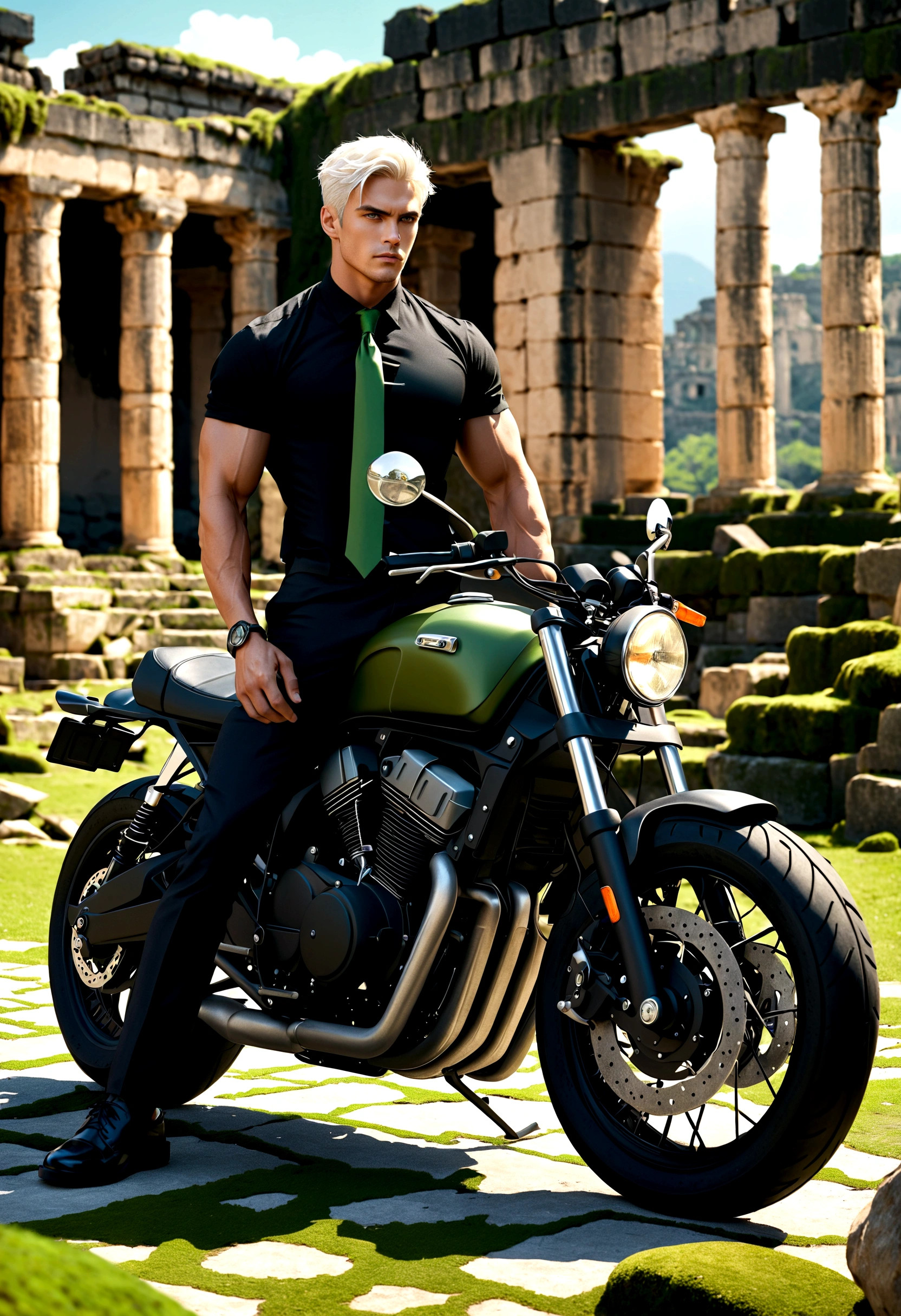 motorcycle, A man with a toned body, Solitary, White hair, short hair, Black and gray social shirt, Black and gray trousers, Black social shoes, Serious look, Light green eyes, Ancient ruins, Moss green tie.