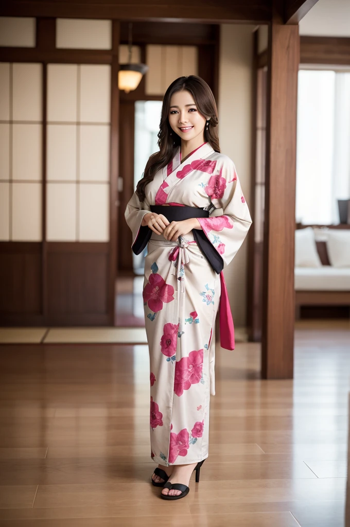Face :9,1449314384], ulzzang-6500-v1.1, (RAW Photos:1.2), (Photorealistic), Beautiful Mature Woman VN01, Beautiful details, (Genuine: 1.4), Very detailedな目と顔, Beautiful and fine details,  (Japanese Kimono、Elegant Japanese pattern kimono、Komono)、Esbian all over、 (A very loving smile:1.2)、Large file size, High resolution, Very detailed, Highest quality, [masterpiece:1.6], Awareness-raising, Very detailed, Hmph, In detail, Highest quality, 8k wallpaper, Cinema Lighting, One mature woman, 37 years old, Perfect figure, Cute droopy eyes、Beautiful big eyes、 ((masterpiece)), Highest quality, One mature woman, eye shadow, Upper Body, Portraiture, ((Full Body Shot:1.6))、