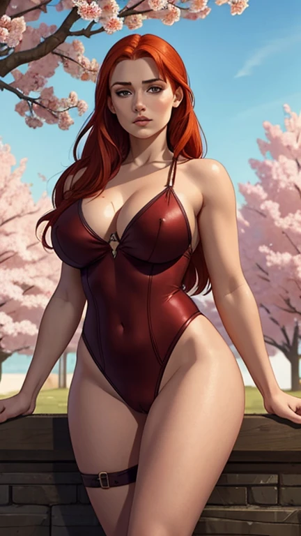 Sophie Turner face, game of thrones character model, Realistic face, young face, athletic, beautiful face, fat lips, redhead hair, bare nude, virgin pussy, red thick pubic hair, round breasts, dark brown nipples, tight bust, deep cleavage, fair skin, cameltoe, big round ass, YOUNG BODY, virgins body, Sakura tree in background, sexualize sluty