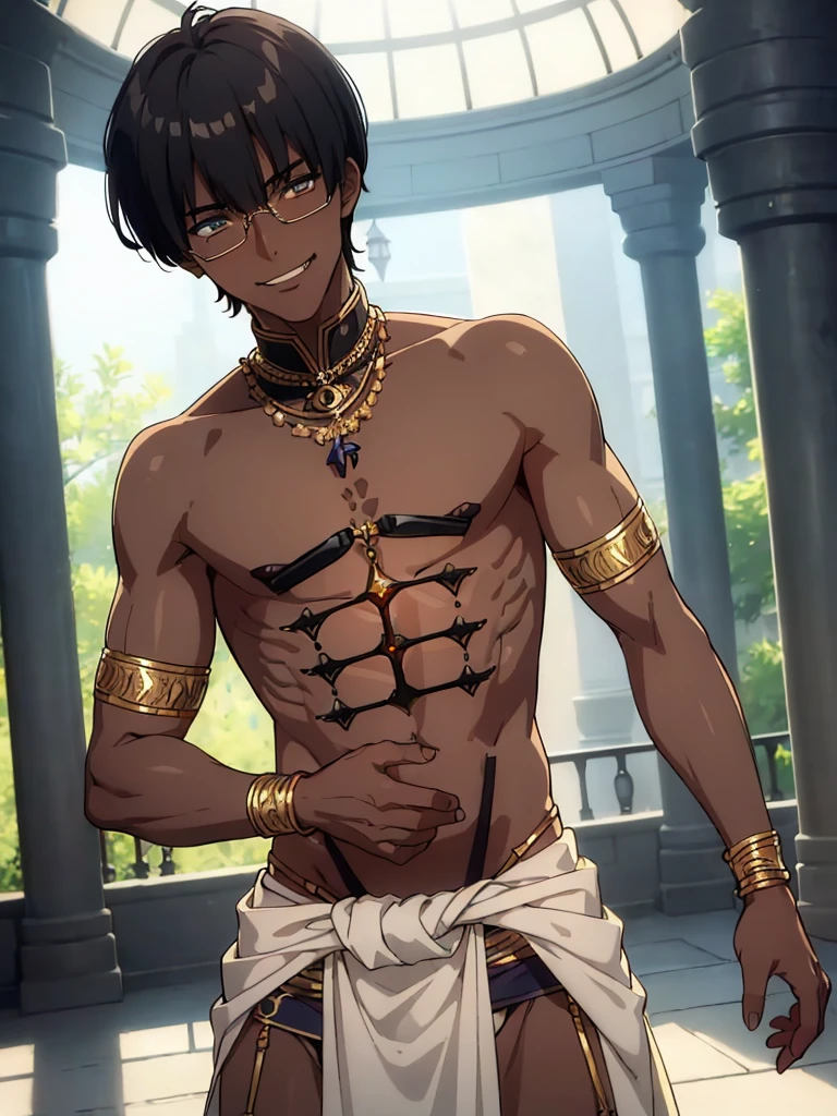 (1 boy 20 years old solo:1.4),(flat chest),(dark skin:1.7), (masterpiece:1.2), highest quality, High resolution, unity 8k wallpaper, (fine and beautiful eyes:1.6), highly detailed face, perfect lighting, Detailed CG, (perfect hands, perfect anatomy), detailed eyes, best quality, extremely detailed, very precise detailed, (loincloth:1.5),(glasses:1.6), (blunt bangs:1.3),(arabian clothes:1.5), (very short pixie cut:1.2), (evil smile:1.4),