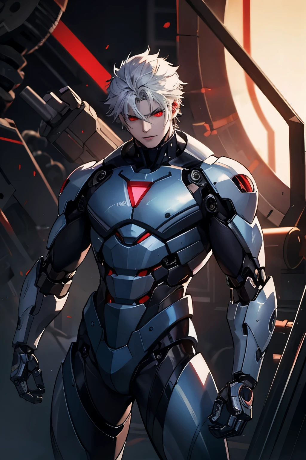 1boy, mechanical man, The whole is depicted, Gathering strength, Eyes glowing red, Very cool, A world where no one is left, It's raining heavily, I'm in despair, Screaming, He has a tremendous aura