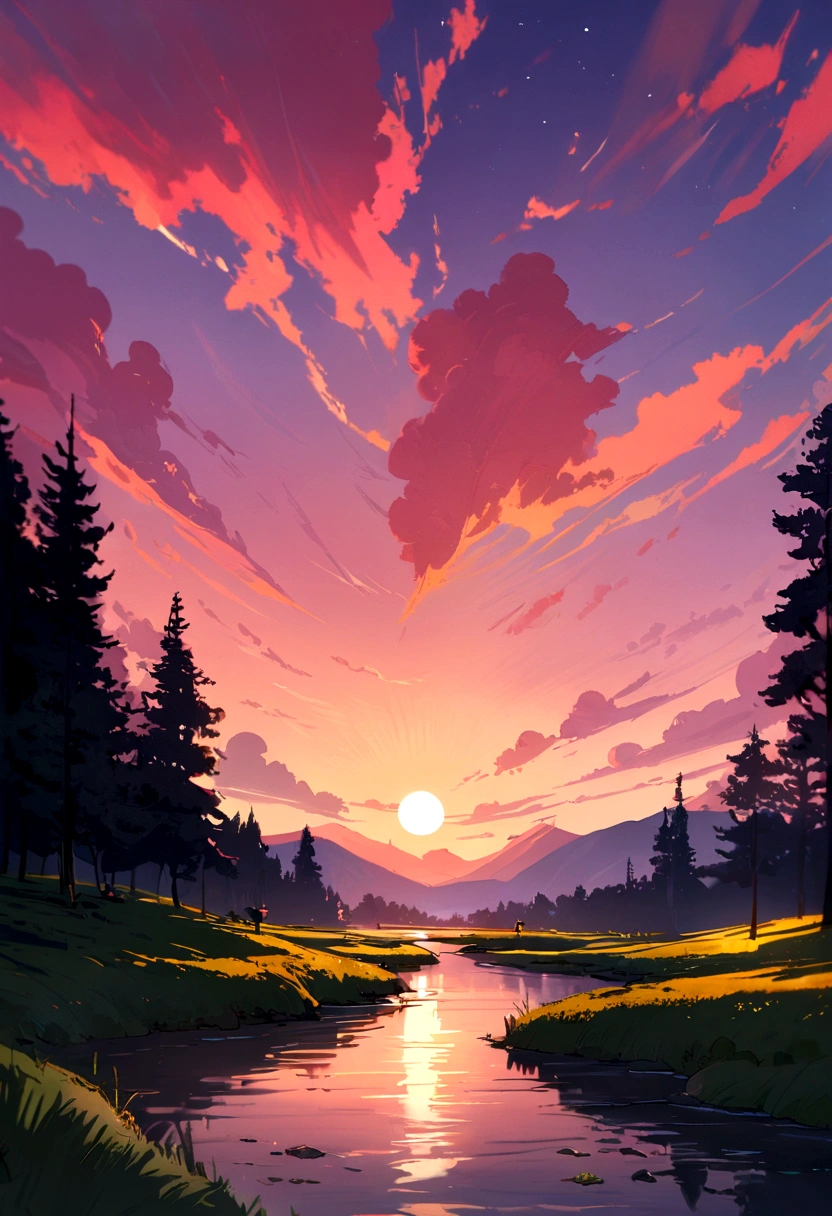 masterpiece, Best quality, nature, the forest, meadows, River, mountains, Scarlet sunset, Pink clouds, the moon is visible in the distance, real life, better lighting, best shadow