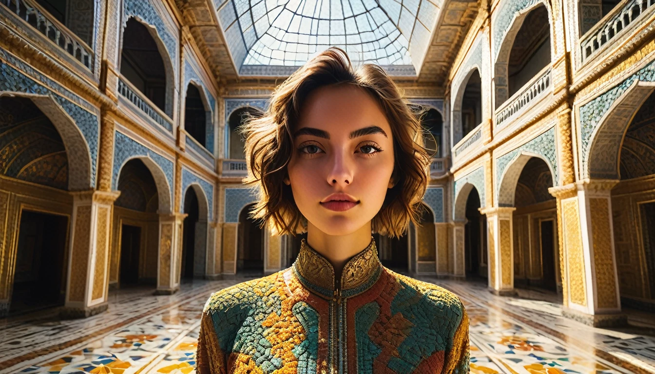 Young complex woman in the palace, Wide-angle lens f/2.8, Crazy high-resolution complex textures, Texture Indentation, Perfect viewing angle, Perfect geometry, Crazy ambient lighting, Crazy ambient shadows, Luminism, Ultra detailed busy background, mosaic, Minimalism, perfectionism, IPA Award Winning Masterpiece,