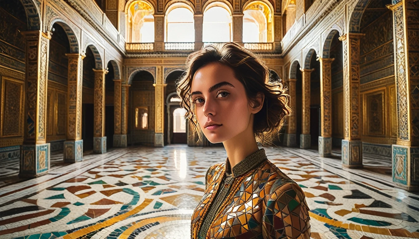 Young complex woman in the palace, Wide-angle lens f/2.8, Crazy high-resolution complex textures, Texture Indentation, Perfect viewing angle, Perfect geometry, Crazy ambient lighting, Crazy ambient shadows, Luminism, Ultra detailed busy background, mosaic, Minimalism, perfectionism, IPA Award Winning Masterpiece,