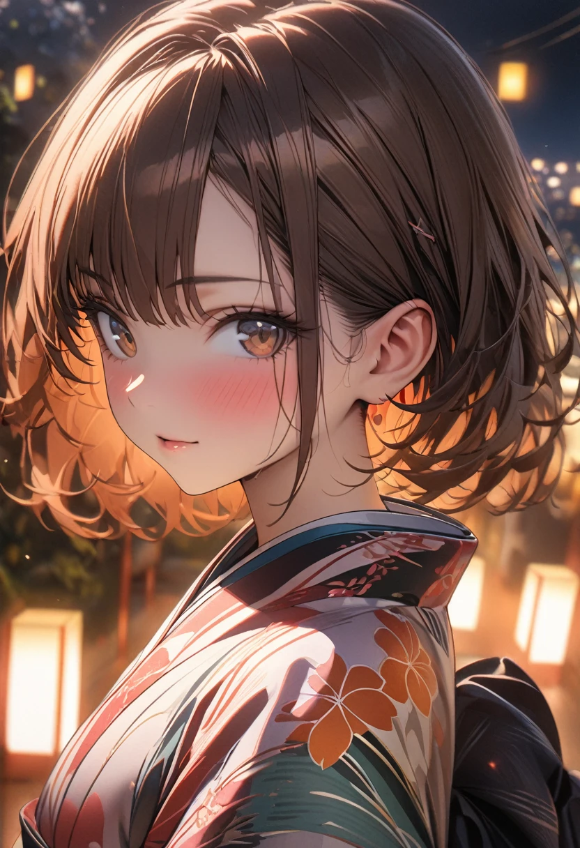 2 girls, 最high quality, Ultra-high resolution, short hair, Brown Hair, Brown eyes, Colorful kimonos, View your viewers, night, Detailed Scene, Ultra-high resolution, masterpiece, High detail, high quality, Award-winning, 8K