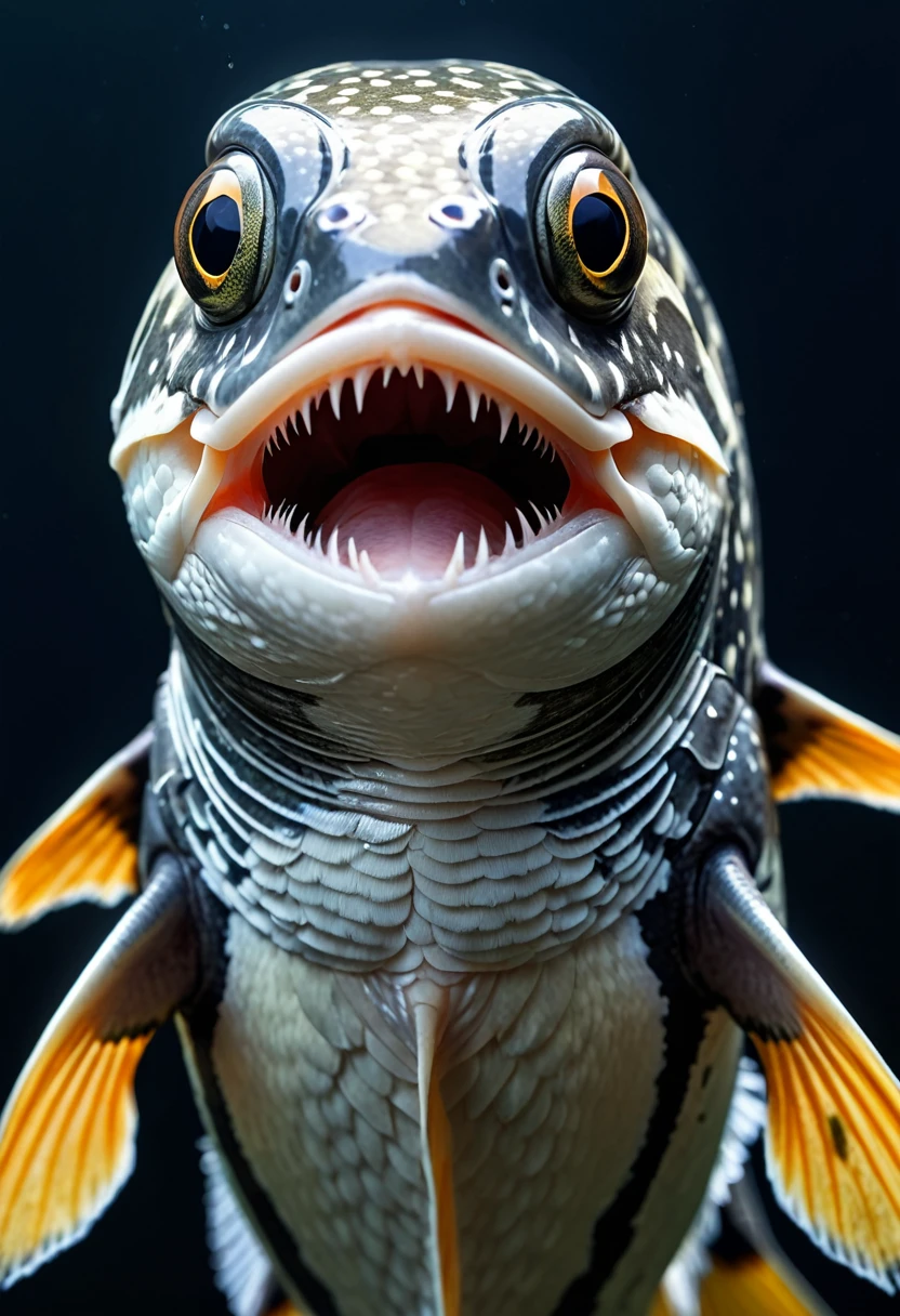 Panorama，河里有一种Mysterious Creatures，The body of a fish，Fish head looks like a human face，Mysterious Creatures, shrike, (best quality，4K，8K，High level，masterpiece：1.2），Ultra Detailed，（lifelike，Photo real，Photo real：1.37），Highly detailed animals，Complex patterns，Realistic lighting，Fantasy Creatures