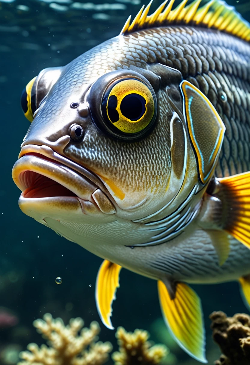 Panorama，河里有一种Mysterious Creatures，The body of a fish，Fish head looks like a human face，Mysterious Creatures, shrike, (best quality，4K，8K，High level，masterpiece：1.2），Ultra Detailed，（lifelike，Photo real，Photo real：1.37），Highly detailed animals，Complex patterns，Realistic lighting，Fantasy Creatures