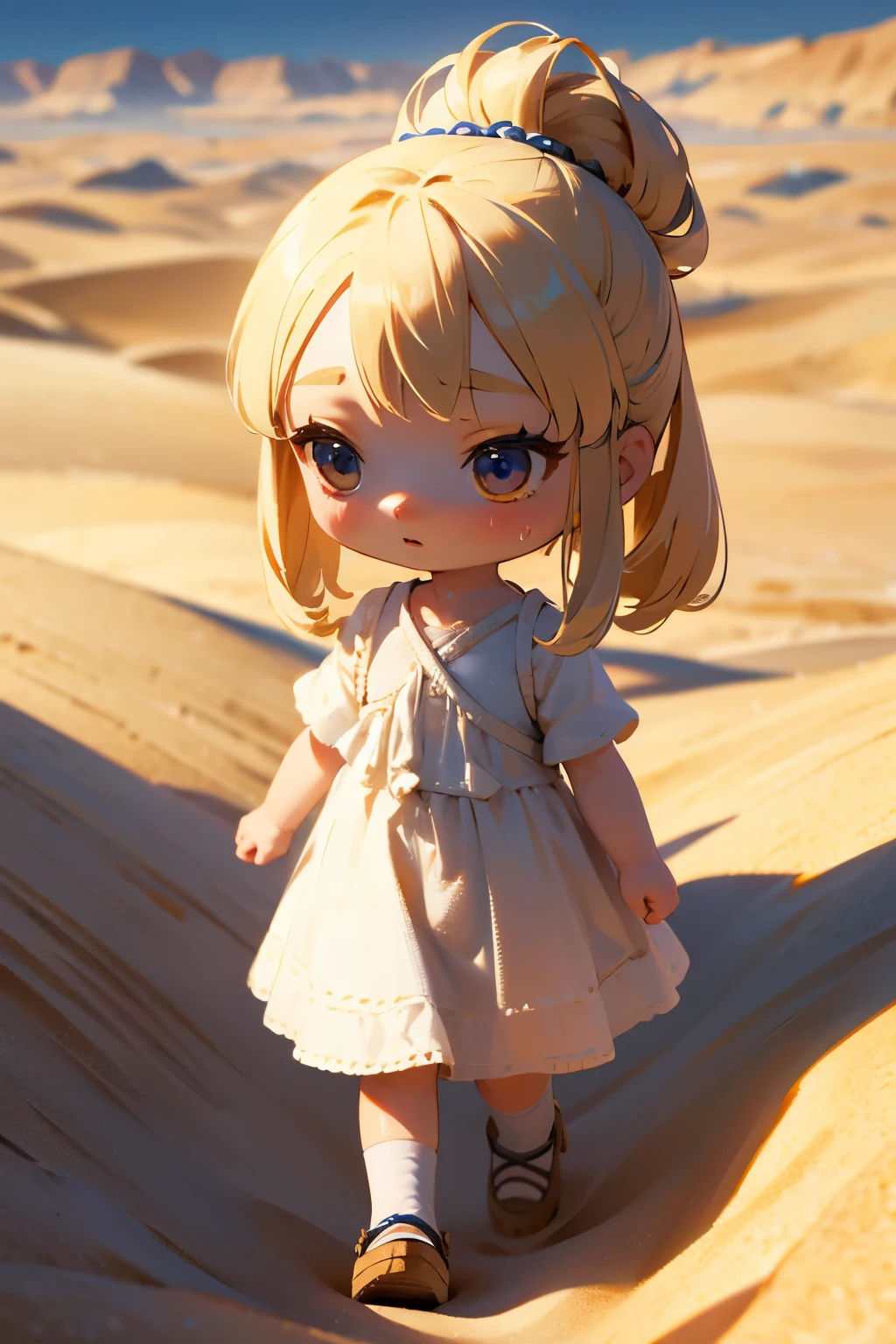 Chibi Girl、Walking through the desert under the scorching sun、Sweat、heat haze、Cute Shoes、whole body、A landscape of nothing but sand、Very detailed、Ultra-realistic、Photorealistic、8K、Hyperrealistic、masterpiece、Beautiful detailed eyes、Beautiful detailed lips、Very detailedな顔、Long eyelashes、Beautiful young girl、Beautiful lighting、Cinematic、Intricate details、Soft Focus、Depth of written boundary