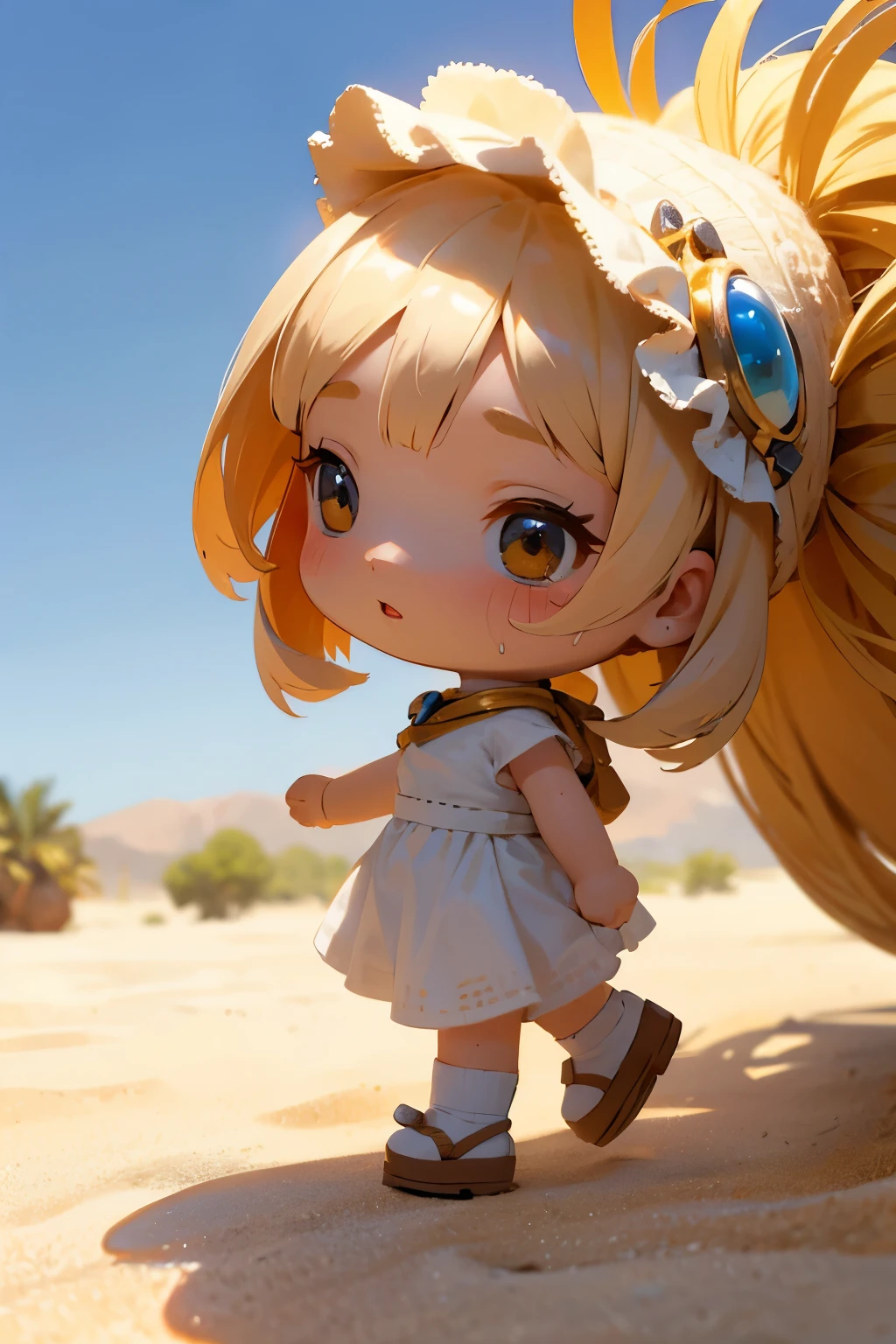 Chibi Girl、Walking through the desert under the scorching sun、Sweat、heat haze、Cute Shoes、whole body、A landscape of nothing but sand、Very detailed、Ultra-realistic、Photorealistic、8K、Hyperrealistic、masterpiece、Beautiful detailed eyes、Beautiful detailed lips、Very detailedな顔、Long eyelashes、Beautiful young girl、Beautiful lighting、Cinematic、Intricate details、Soft Focus、Depth of written boundary