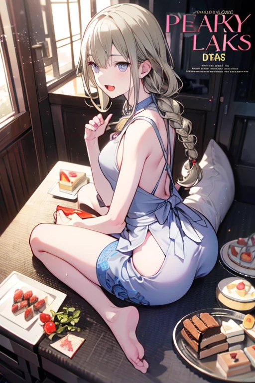 (from above:1.2),18 year old beautiful girl,Purplish blue eyes that dreamers desire,(Blonde hair) , small stature, (masutepiece:1.2, Best Quality),(finely detailed beautiful eye: 1.2),(beautifull detailed face),(perky chest:1.1),(pointed chest:1.2),(cakes magazine cover:1.5),(Best Illumination, extremely delicate and beautiful),sexy pose,make a cocktail , in a bar counter,Ultra Contrast,Braid a little around the ears, White long dress, (very detailed),(Raw photo, highest quality),(realistic, Photoreal:1.3), high detail, very detailed complex 3D rendering of face, (very detailed skin:1.2), dynamic angle, fire glow effect, professional lighting, side light, cinematic light, a super high resolution, 8K , best shadow, particles of light, Fine skin texture, detailed face, intricate details, Super detailed, shine, Please reconsider, full body,, beautiful face, shiny skin, thin, nice companion, delicate body, thin legs, naked apron, ((crawl on all fours:0.4)), beautiful back, butt,little turn around, A picture from a little behind, bend the body, the skirt is floating in the wind, Dark purple panties, thin Pubic hair ,highest quality, high resolution, Real World, Natural light, perfect Natural Light, ((the tip is protruding, areolas protruding,The shape of the pubic area is clearly visible:1.2)),Sweating,Wet,Wet crotch,Wet thighs,Realistic, (cute, perfect clothes, skimpy clothes, cute: 1.3) ,narrow waist,(with sparkling eyes and a contagious smile), open mouth, looking at viewer,