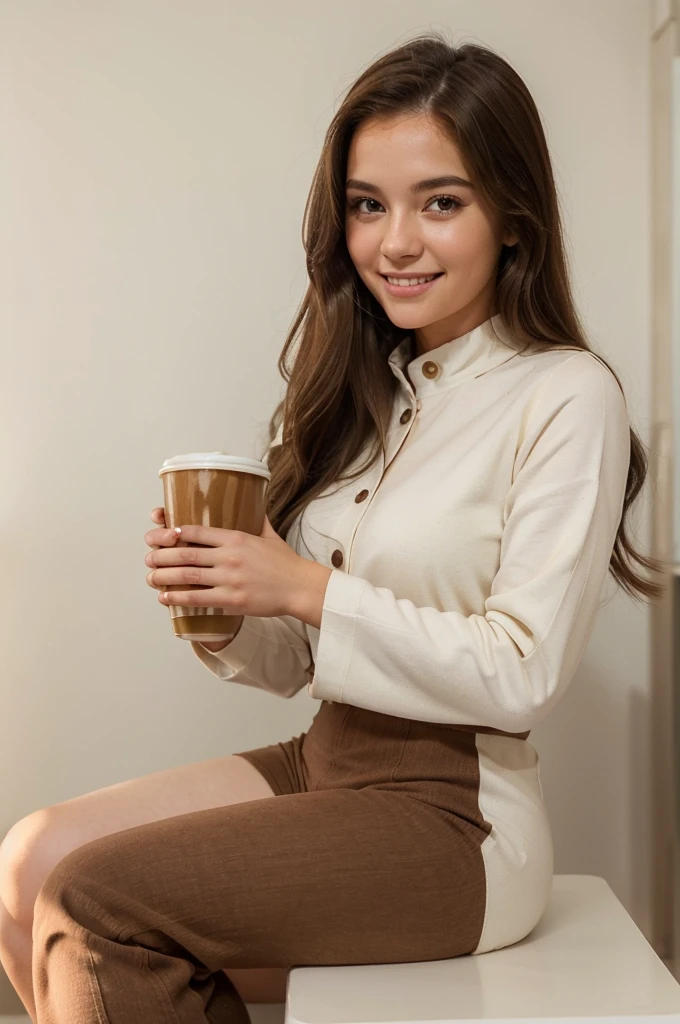 a single character full body, standing on a white base, beautiful, masterpiece, best quality, A girl with long brown hair, has brown eyes with long eyelashes, her cheeks are natural red, background Coffee bar, she holden a cup of coffee, clothes comfortable but provocative, a jumpsuit but a little tight, she happy, she smiling, and sitting bar
