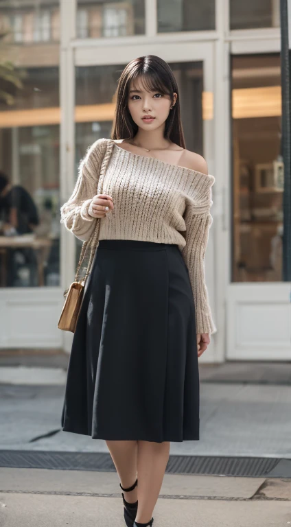 (Tabletop,high quality:1.3),(Written boundary depth:1.3) ,((Front body:1.35)),  Japanese ,woman, Natural Makeup ,Standard height,(woman用ビジネスブラックスーツ、Midi skirt in black:1.2),Huge breasts, Huge breasts, chic, Curvy,(View your viewers:1.3),(whole body:1.2),Office window