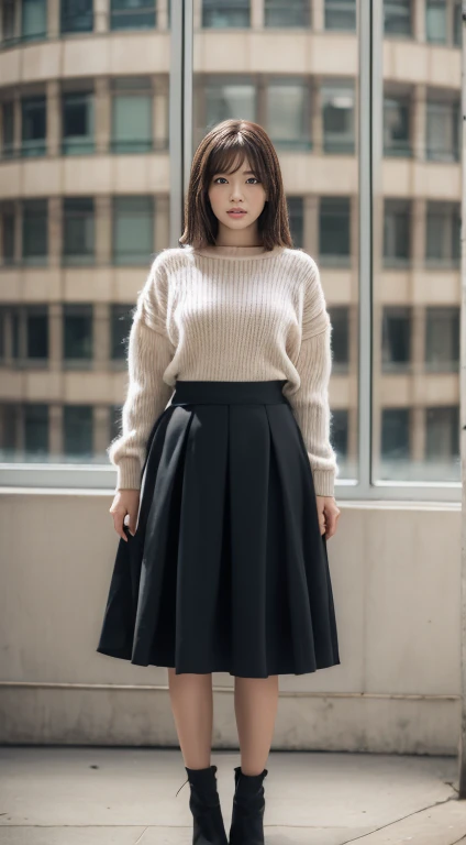 (Tabletop,high quality:1.3),(Written boundary depth:1.3) ,((Front body:1.35)),  Japanese ,woman, Natural Makeup ,Standard height,(woman用ビジネスブラックスーツ、Midi skirt in black:1.2),Huge breasts, Huge breasts, chic, Curvy,(View your viewers:1.3),(whole body:1.2),Office window