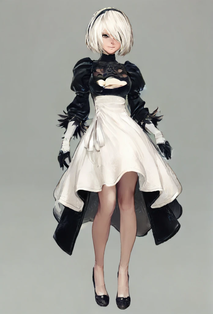 yorha 2B, Nier automata, (no visor), mature woman, white hair, mature body, looking at viewer, front view, close view, white dress, full body