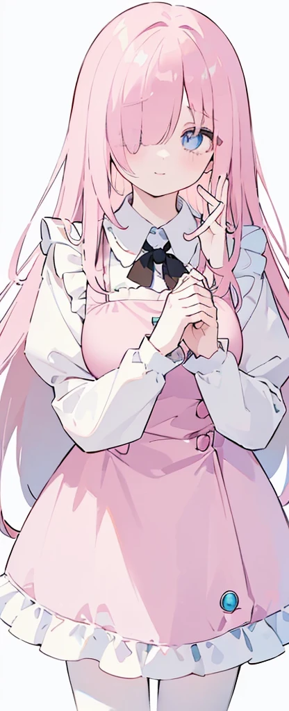 (((Long Pink Beautiful Hair))),Very soft glossy pinkhair,kawai,(((Eyes visible from bangs,hair over eyes:1.3))),,Huge breasts,(Blue cyan color eyes),,(beautiful blueslanted eyes),1girl in,bangs,long VERY SOFT PINK hair, pantyhose,Cowboy Shot,white background,short hair,smiled,(wearing Special kingdom maid clothes), (maid dress type must have a perfect black vest), Bangs should be long to the tip of the chin(((Hands free pose))),,, 1 girl, ((The image must match the tag)) Bangs almost cover the eyes full body (The character's entire body from top to bottom is completely visible)