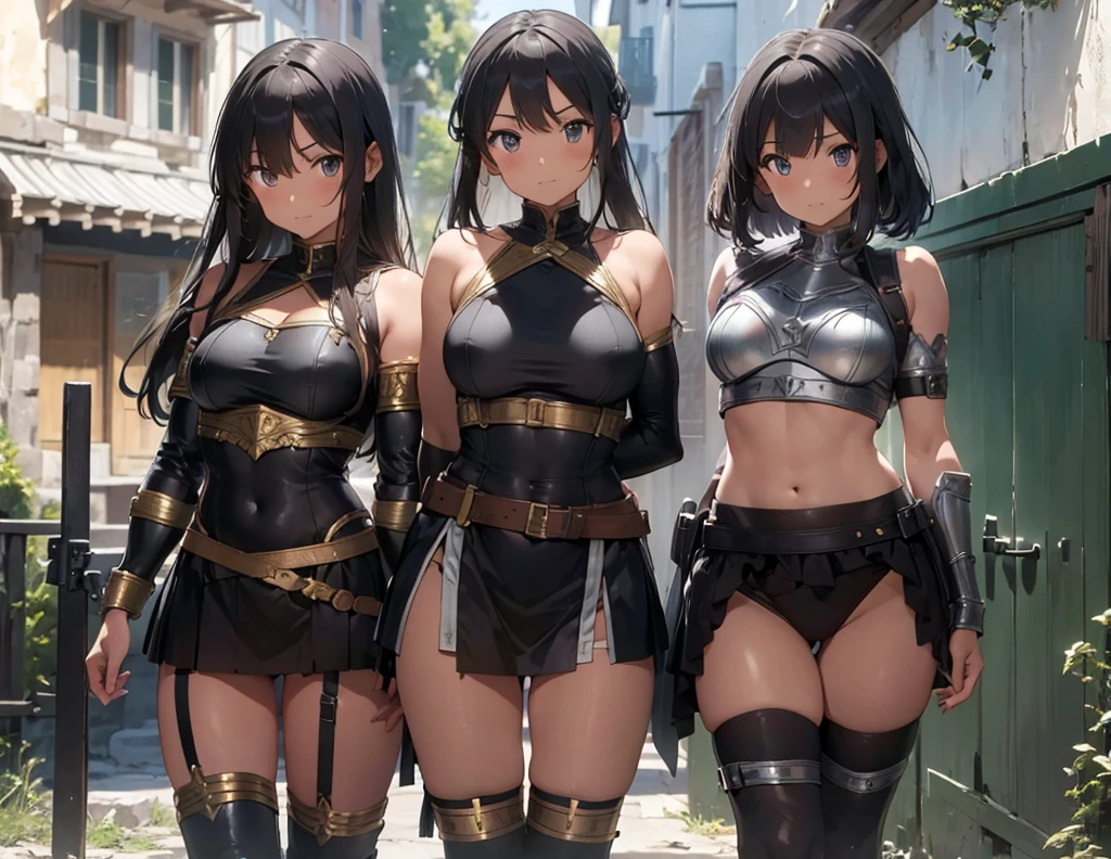 a beautiful Greek warriors girls standing guard at a door, Greek warrior, girls ,tanned skin, tail cover ,brown skin, ancient Greece, classical Greece, black armor ,slim body, defined abdomen , warrior woman, l ight armor, blonde hair , silver hair