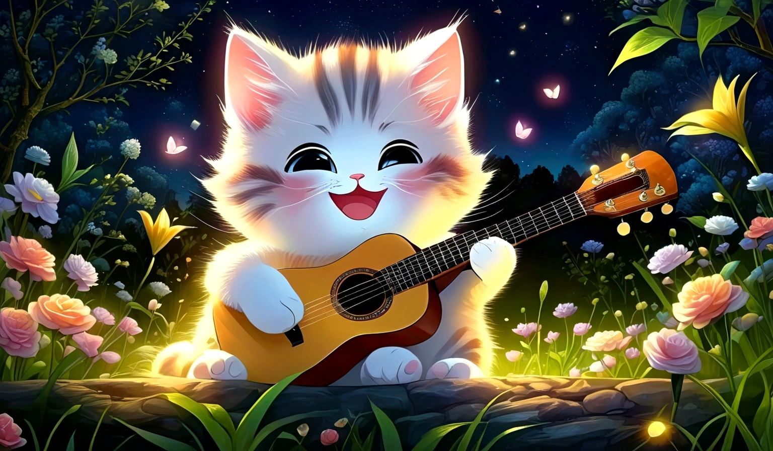 Anime Cat ,play the guitar,Are crying,In the beautiful nature at night,Cat-focused movies, Dynamic pose, Dynamic Background, Dynamic configuration, Dynamic Lighting, Realistic proportions, High resolution, Ray Tracing, Very detailed, Super detailed, Intricate details, Very detailed雰囲気, Very detailedテクスチャ.