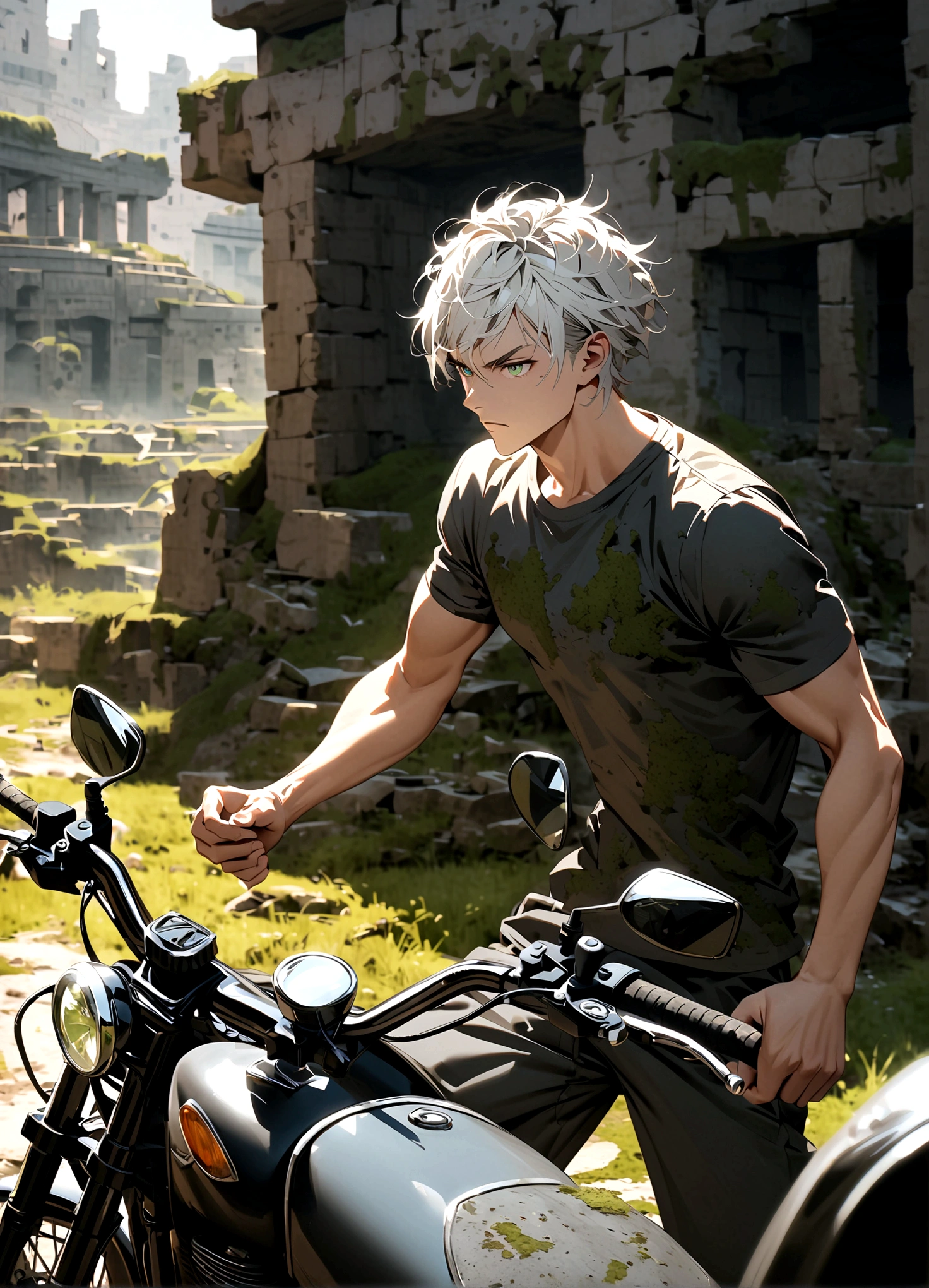 motorcycle, A man with a toned body, Solitary, White hair, short hair, Black and gray social shirt, Black and gray trousers, Serious look, Light green eyes, Ancient ruins, Moss green tie.