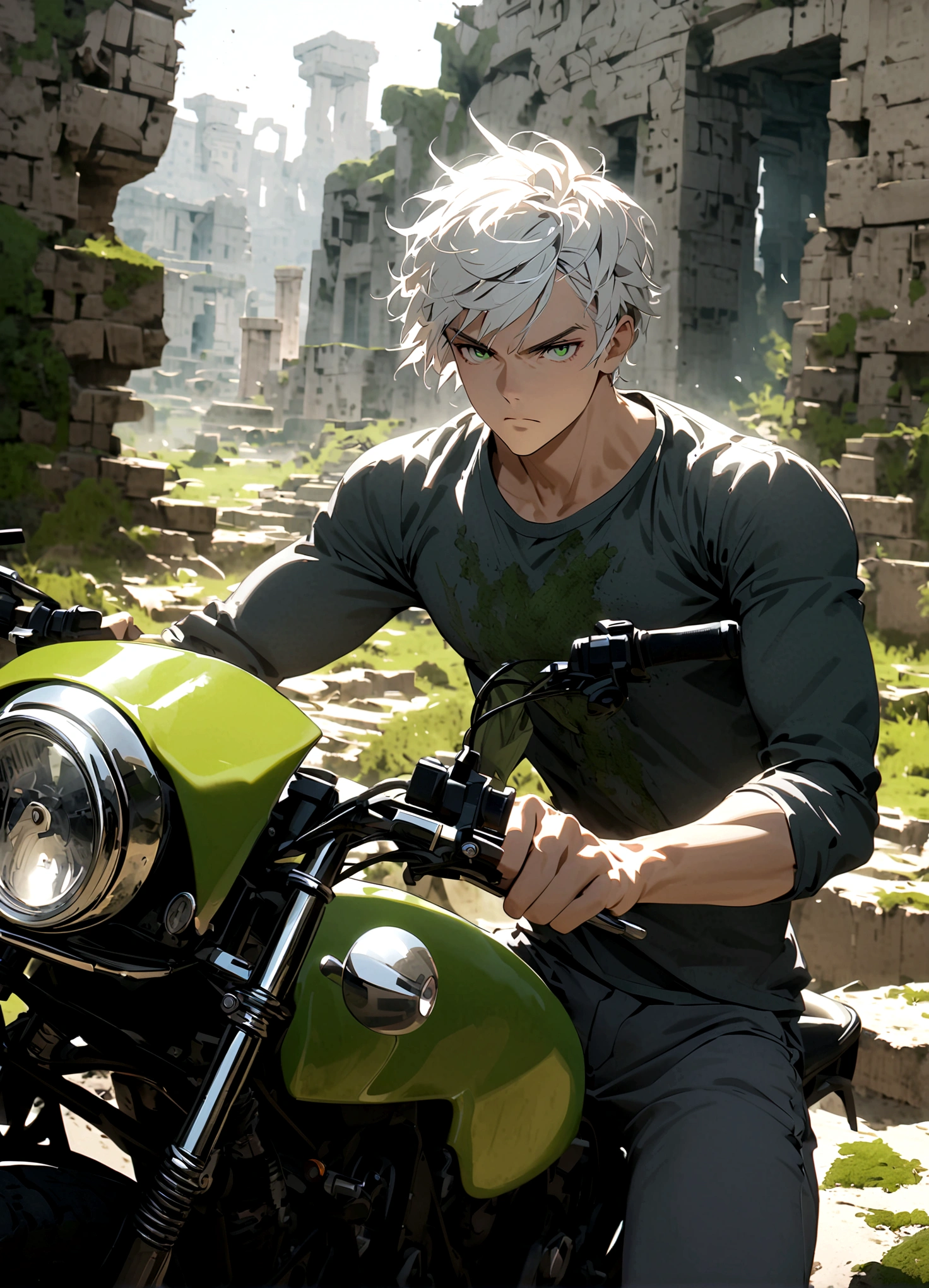 motorcycle, A man with a toned body, Solitary, White hair, short hair, Black and gray social shirt, Black and gray trousers, Serious look, Light green eyes, Ancient ruins, Moss green tie.