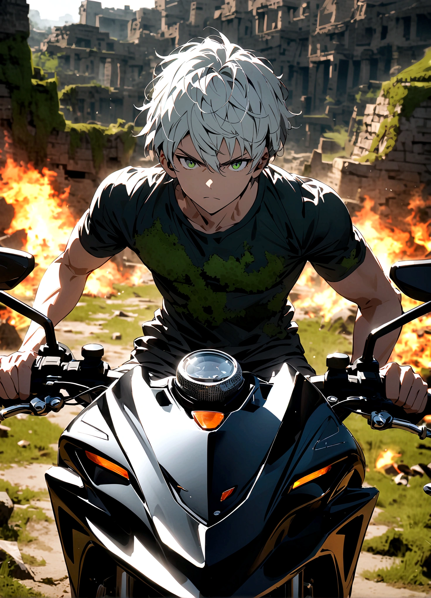 motorcycle, A man with a toned body, Solitary, White hair, short hair, Black and gray social shirt, Black and gray trousers, Serious look, Light green eyes, Ancient ruins, Moss green tie.