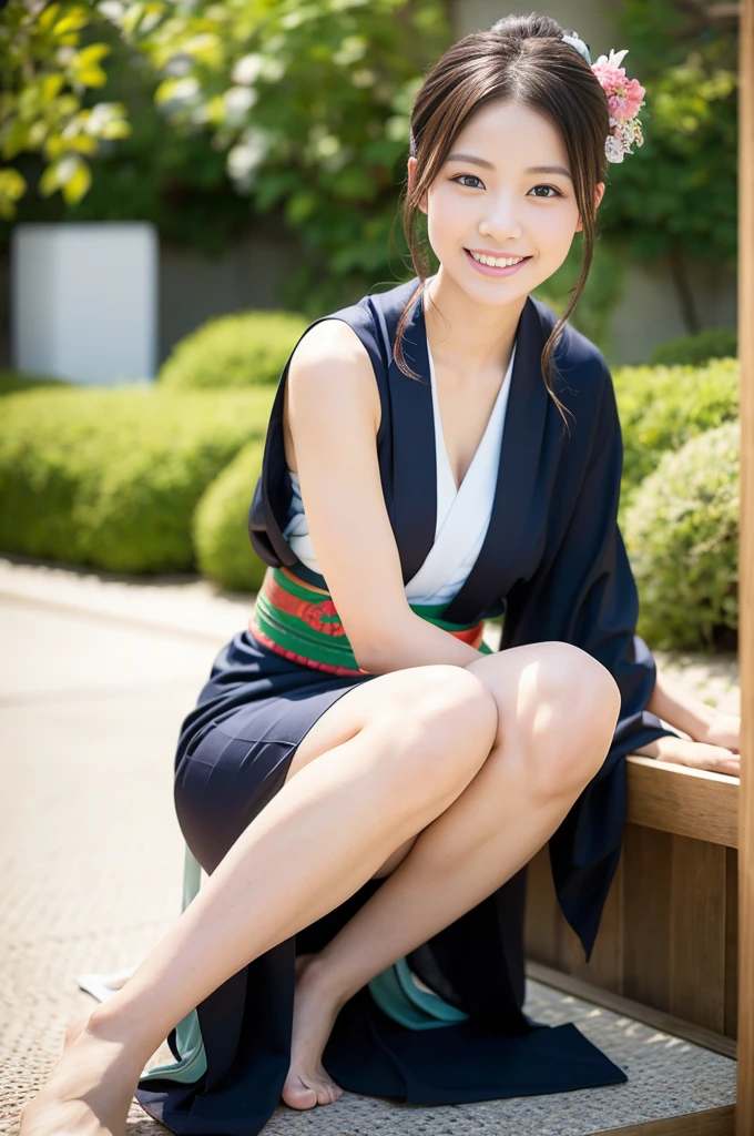 Pure Japanese kimono girl, outstanding body, beautiful legs, wearing traditional kimono, traditional hairstyles, sweet smile, sitting, refreshing in early summer, composition from the front,