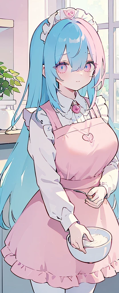 (((Long cyany Beautiful Hair))),cyan hair,kawai,(((Eyes visible from bangs,hair over eyes:1.3))),,Huge breasts,(pink color eyes),,(pink slanted eyes),1girl in,bangs,long CYAN hair, pantyhose,Cowboy Shot,white background,short hair,smiled,(wearing pink maid clothes), (maid dress type must have a perfect pink vest), Bangs should be long to the tip of the chin(((, focusing on the bowl containing the dough and holding a spoon to stir it))), Kitchen room background, Perfect arm fingers,,, 1 girl, ((The image must match the tag)) Bangs almost cover the eyes full body (The character's entire body from top to bottom is completely visible)