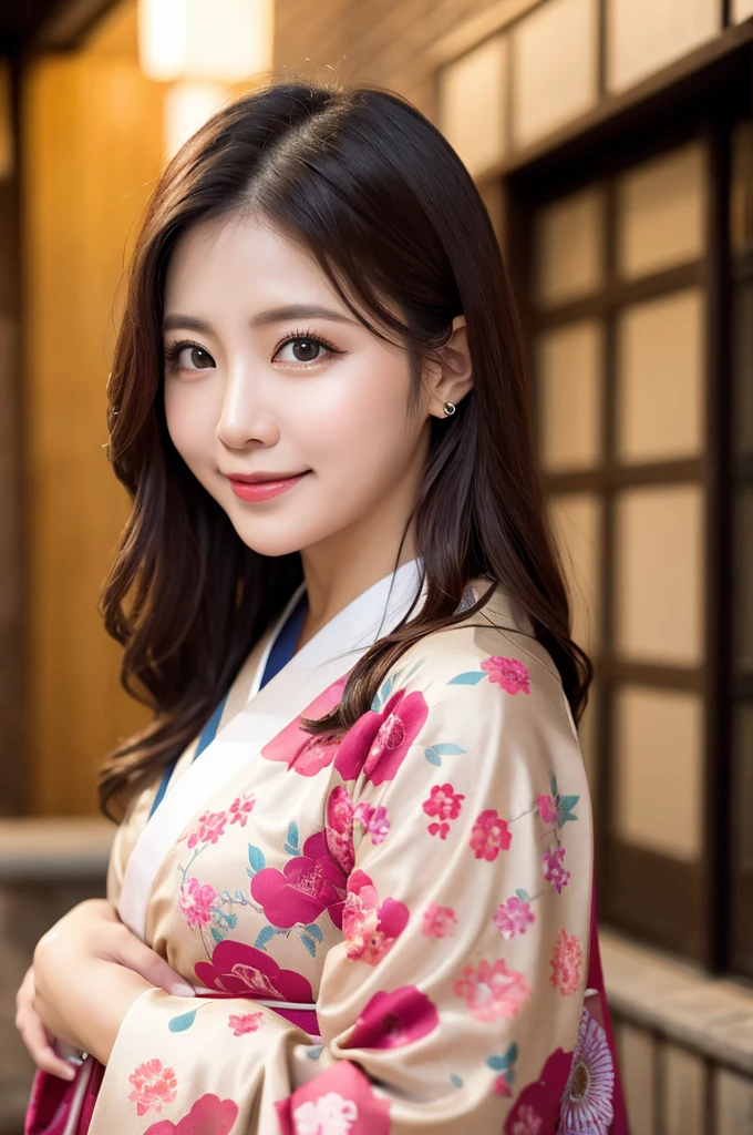 Face :9,1449314384], ulzzang-6500-v1.1, (RAW Photos:1.2), (Photorealistic), Beautiful Mature Woman VN01, Beautiful details, (Genuine: 1.4), Very detailedな目と顔, Beautiful and fine details,  (Japanese Kimono、Elegant Japanese pattern kimono、Komono)、Esbian all over、 (A very loving smile:1.2)、Large file size, High resolution, Very detailed, Highest quality, [masterpiece:1.6], Awareness-raising, Very detailed, Hmph, In detail, Highest quality, 8k wallpaper, Cinema Lighting, One mature woman, 37 years old, Perfect figure, Cute droopy eyes、Beautiful big eyes、 ((masterpiece)), Highest quality, One mature woman, eye shadow, Upper Body, Portraiture, ((Full Body Shot:1.14))、
