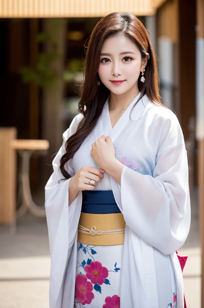 Face :9,1449314384], ulzzang-6500-v1.1, (RAW Photos:1.2), (Photorealistic), Beautiful Mature Woman VN01, Beautiful details, (Genuine: 1.4), Very detailedな目と顔, Beautiful and fine details,  (Japanese Kimono、Elegant Japanese pattern kimono、Komono)、Esbian all over、 (A very loving smile:1.2)、Large file size, High resolution, Very detailed, Highest quality, [masterpiece:1.6], Awareness-raising, Very detailed, Hmph, In detail, Highest quality, 8k wallpaper, Cinema Lighting, One mature woman, 37 years old, Perfect figure, Cute droopy eyes、Beautiful big eyes、 ((masterpiece)), Highest quality, One mature woman, eye shadow, Upper Body, Portraiture, ((Full Body Shot:1.14))、